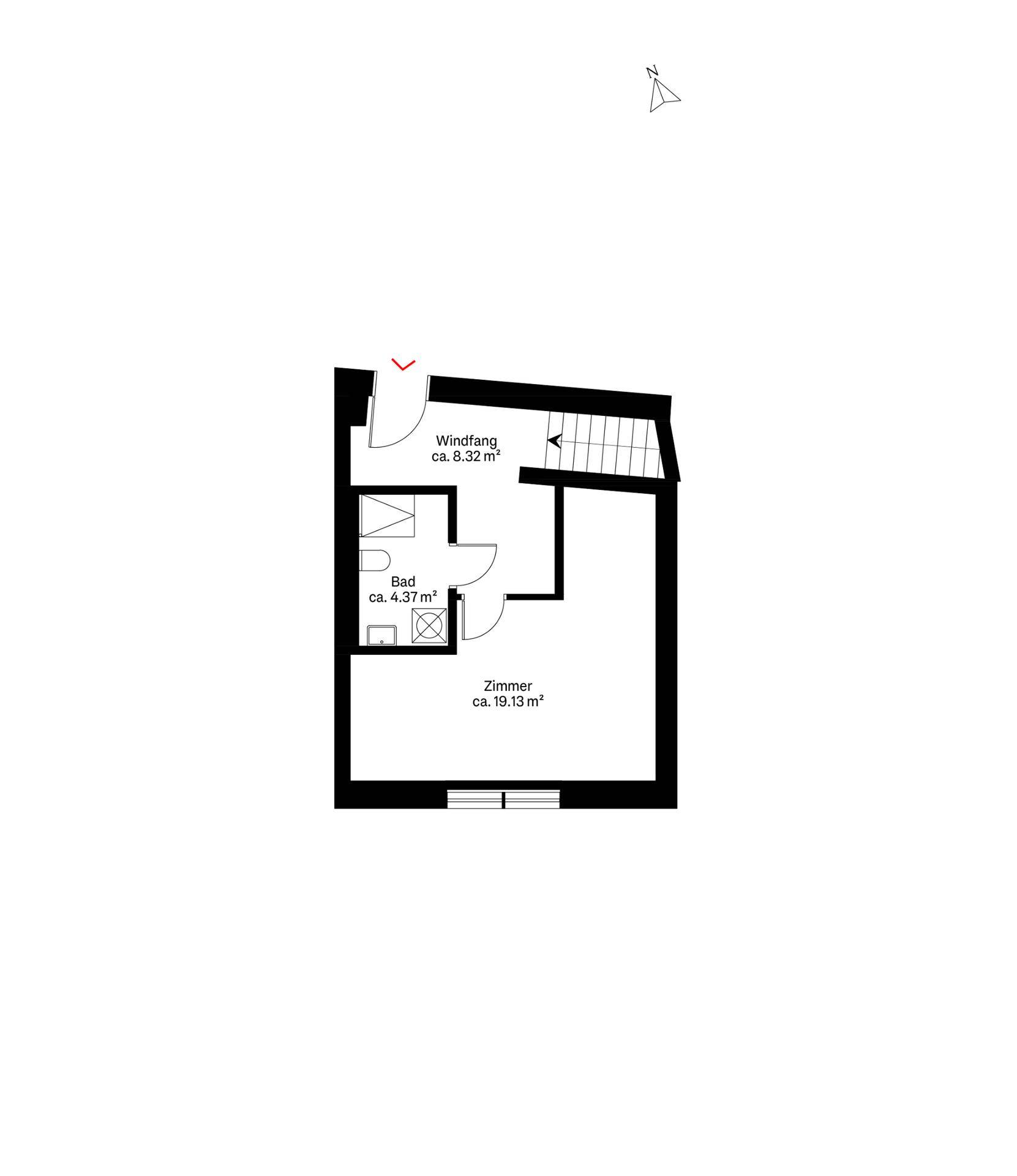 Grundriss des Obergeschosses mit einem Zimmer, Bad und Windfang.