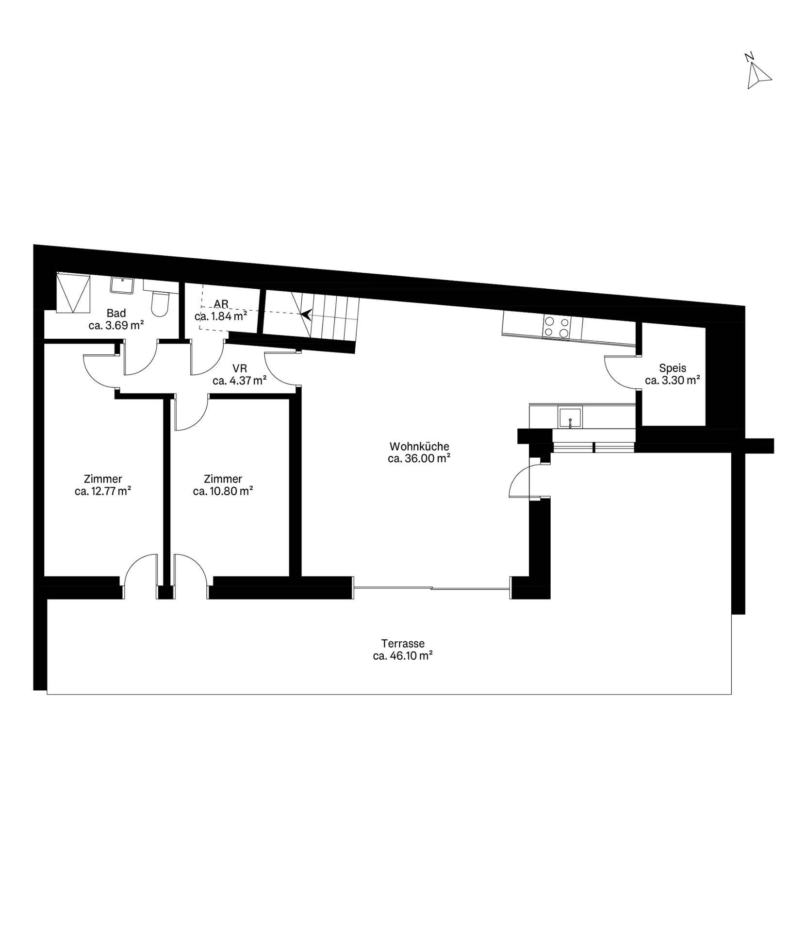Grundriss des Erdgeschosses mit Wohnküche, zwei Zimmern, Bad und großer Terrasse.