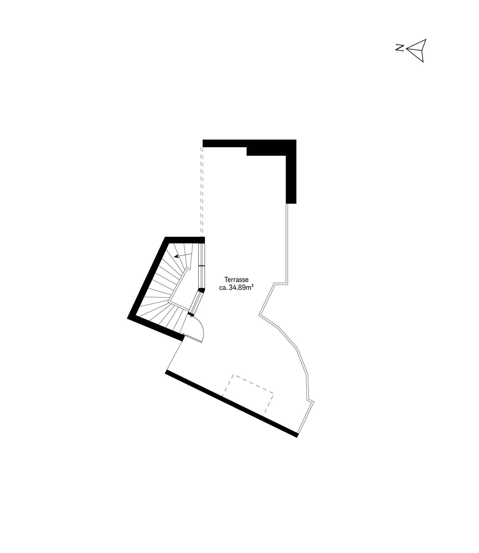 Grundriss der oberen Ebene mit Treppe und großer Dachterrasse.