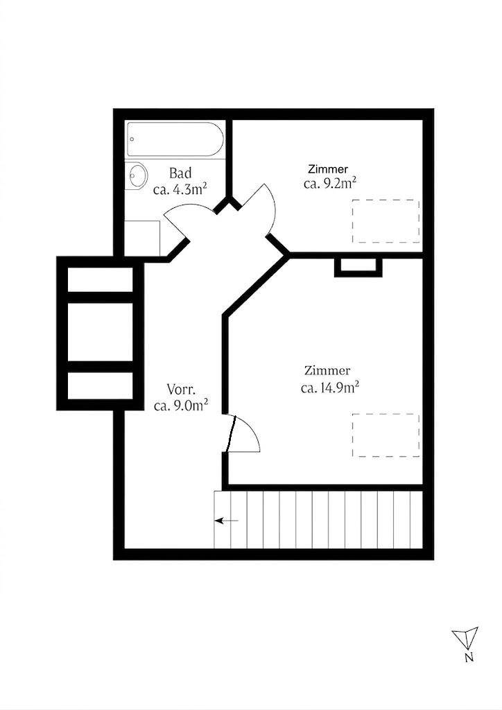 Grundriss des Obergeschosses mit zwei Zimmern und einem Badezimmer.