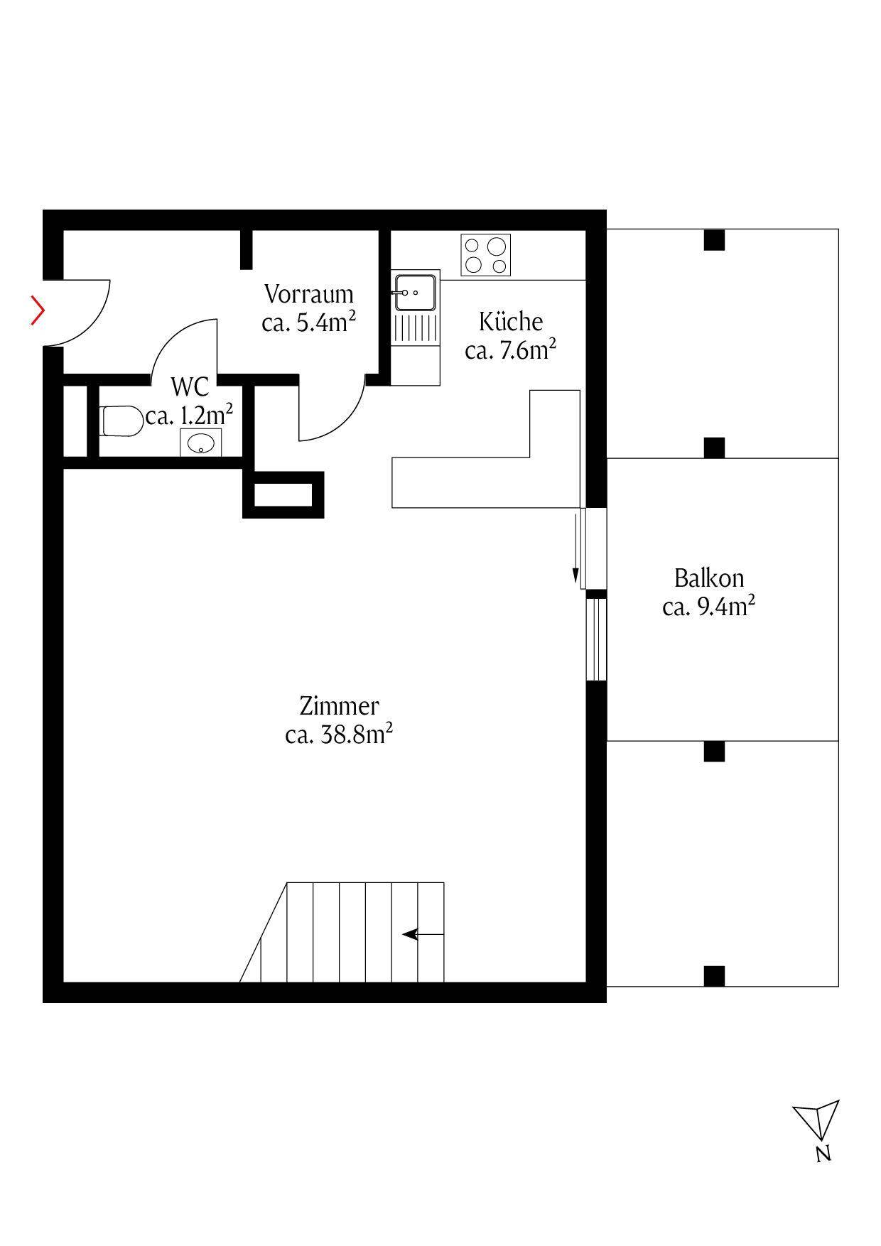 Grundriss des Hauptgeschosses mit großem Zimmer, Küche und Balkon.