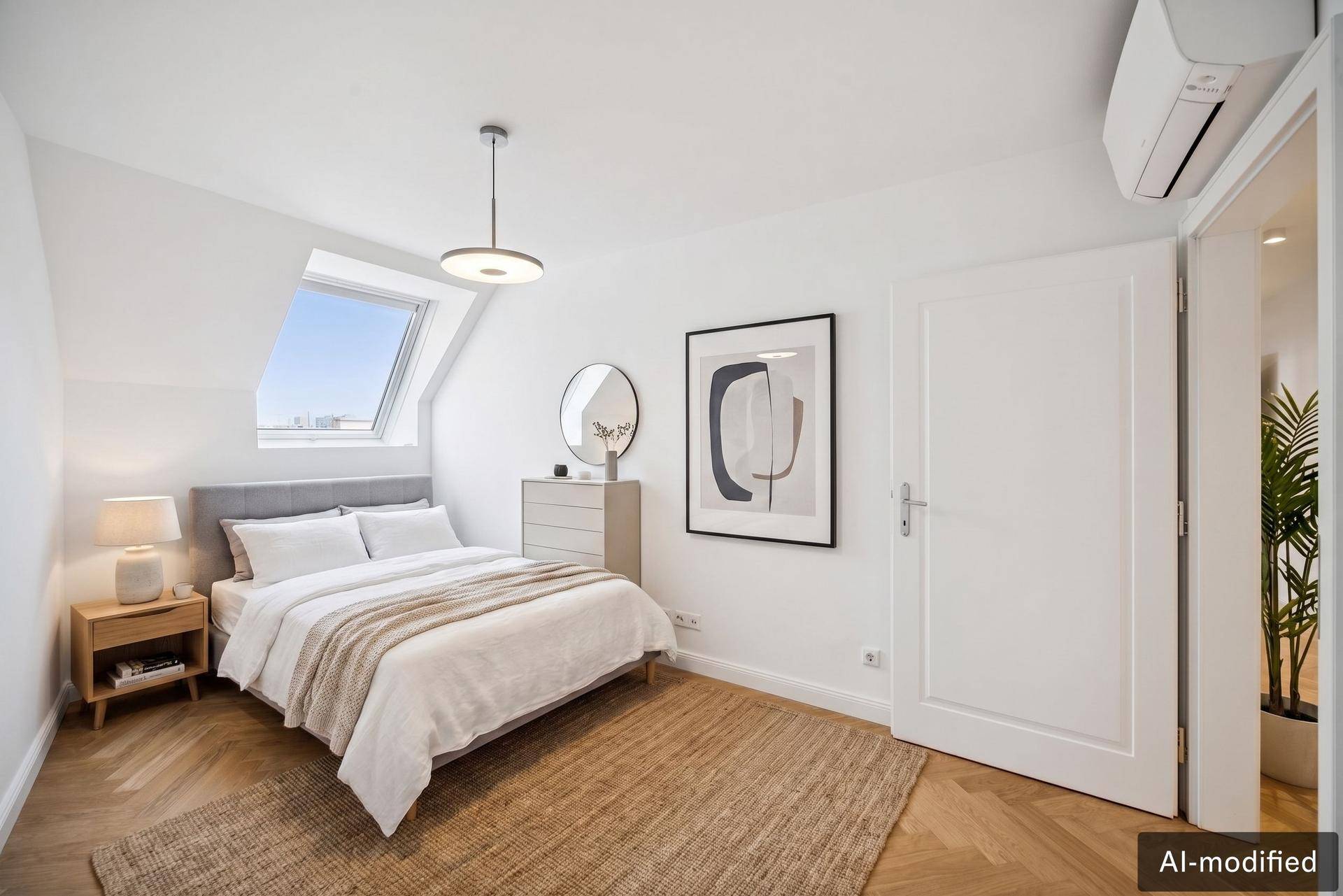 Helles Schlafzimmer mit Dachschräge, Holzboden und einem Dachfenster.
