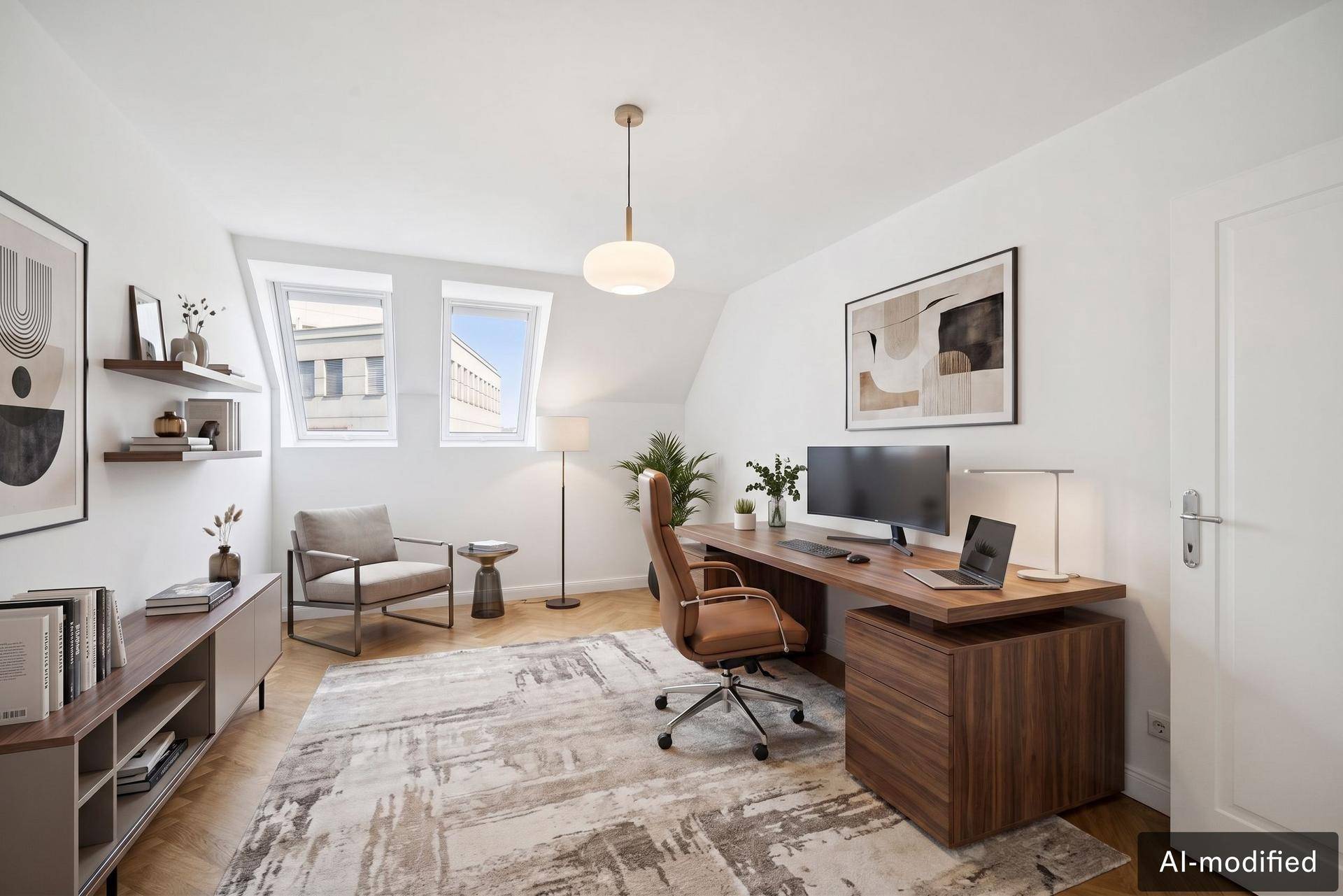 Helles Arbeitszimmer mit großem Schreibtisch, Bürostuhl und zwei Dachfenstern.