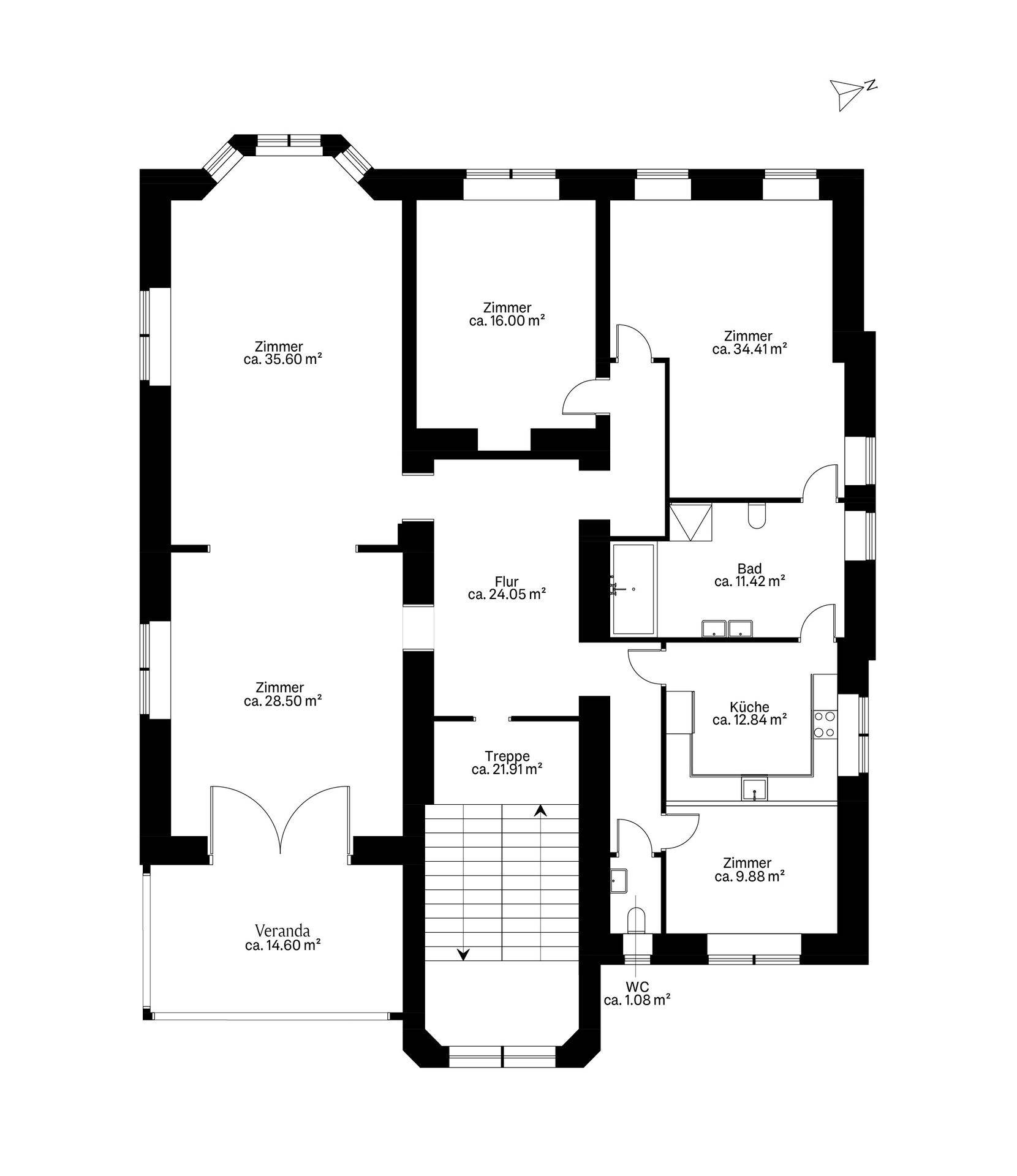 Grundriss des Dachgeschosses mit Zimmern, Bad, Küche und Veranda.
