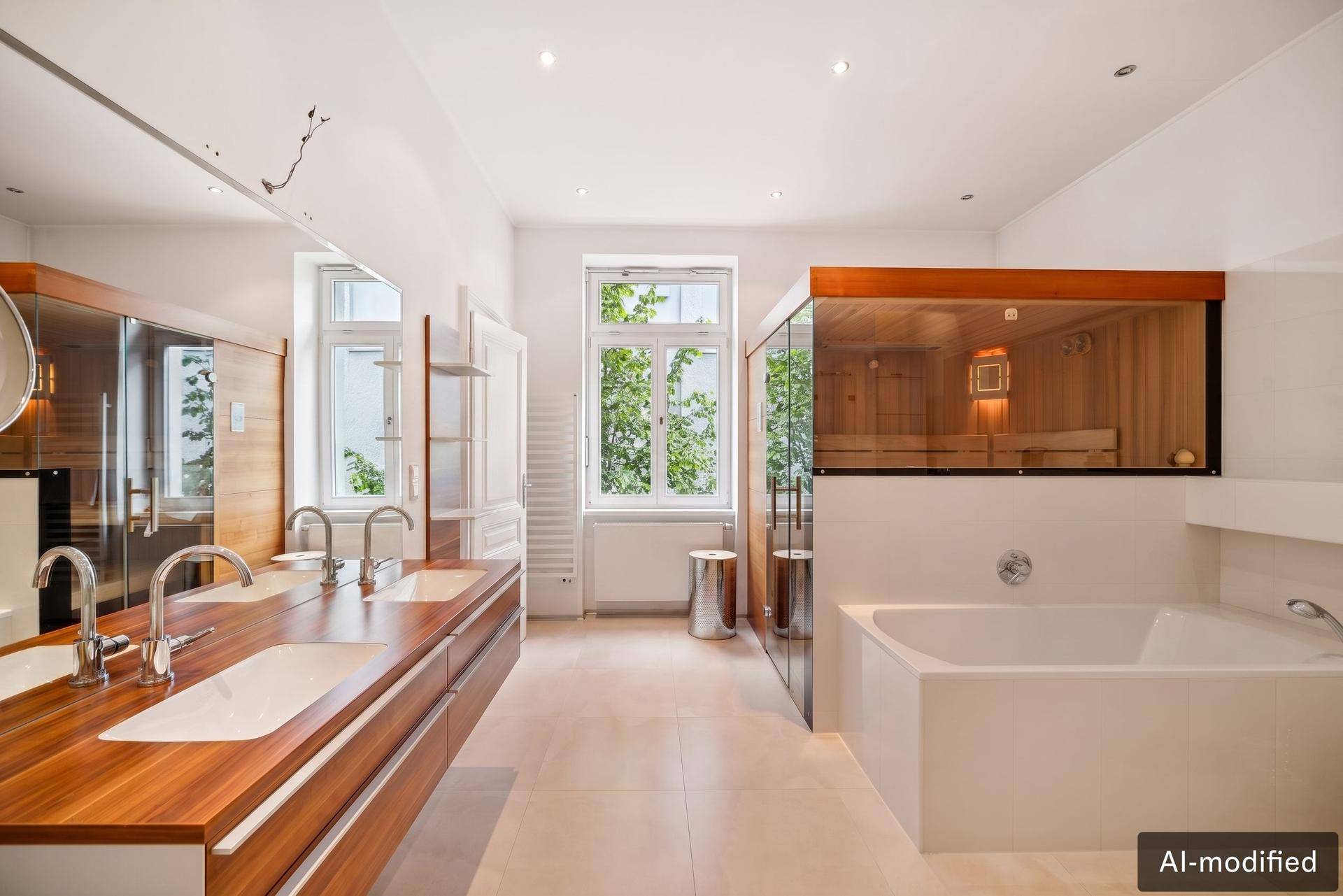 Modernes Badezimmer mit Doppelwaschbecken, Badewanne und integrierter Sauna.