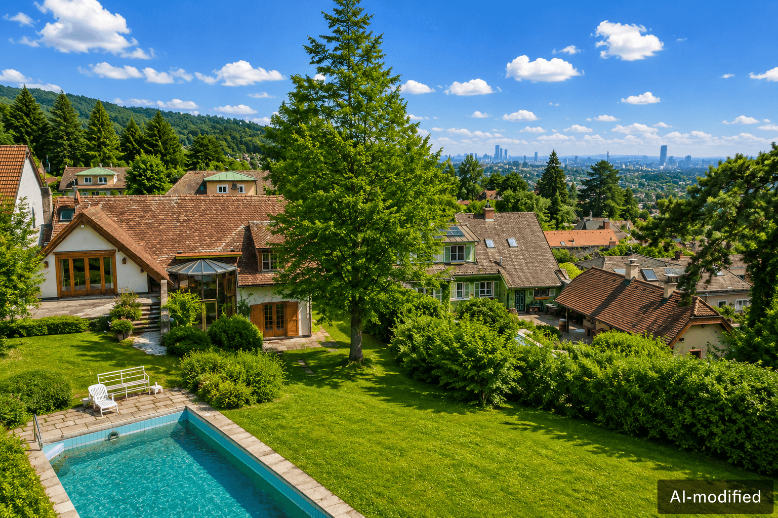 Weitläufiger Garten mit Pool und Panoramablick auf die Stadt und die umliegende Landschaft.
