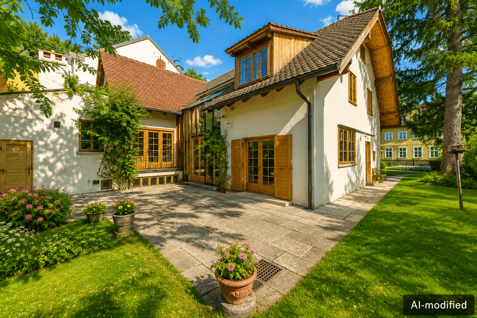 Sonniger Terrassenbereich mit Steinplatten und Zugang zum Garten, umgeben von grüner Natur.