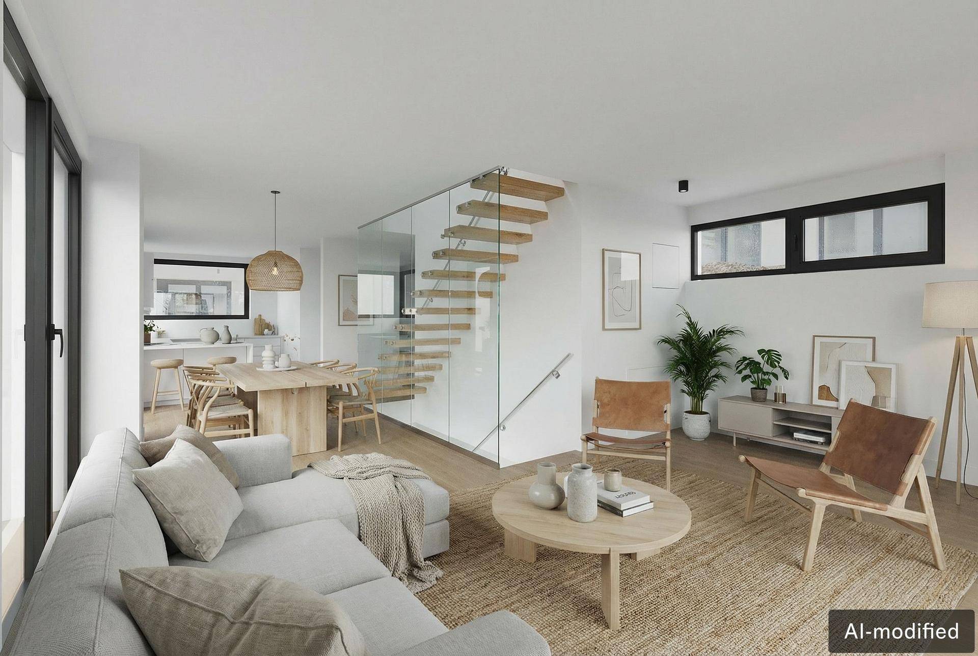 Helles, offenes Wohn-Esszimmer mit Holztreppe, modernen Möbeln und großen Fenstern.