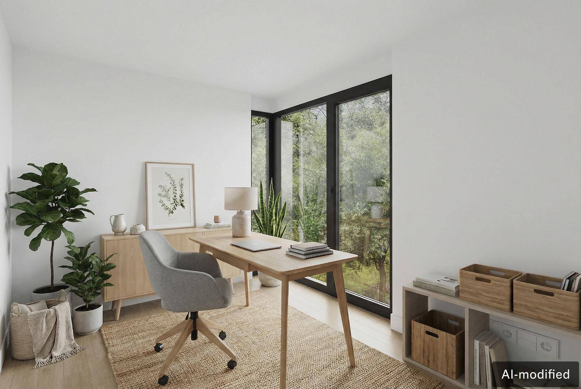 Helles Arbeitszimmer mit großen Fenstern und Blick ins Grüne, modern eingerichtet.