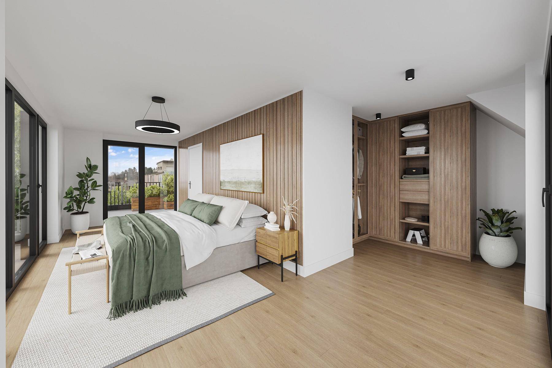 Modernes Schlafzimmer mit Holzwand, Einbauschränken und Zugang zu einem Balkon.