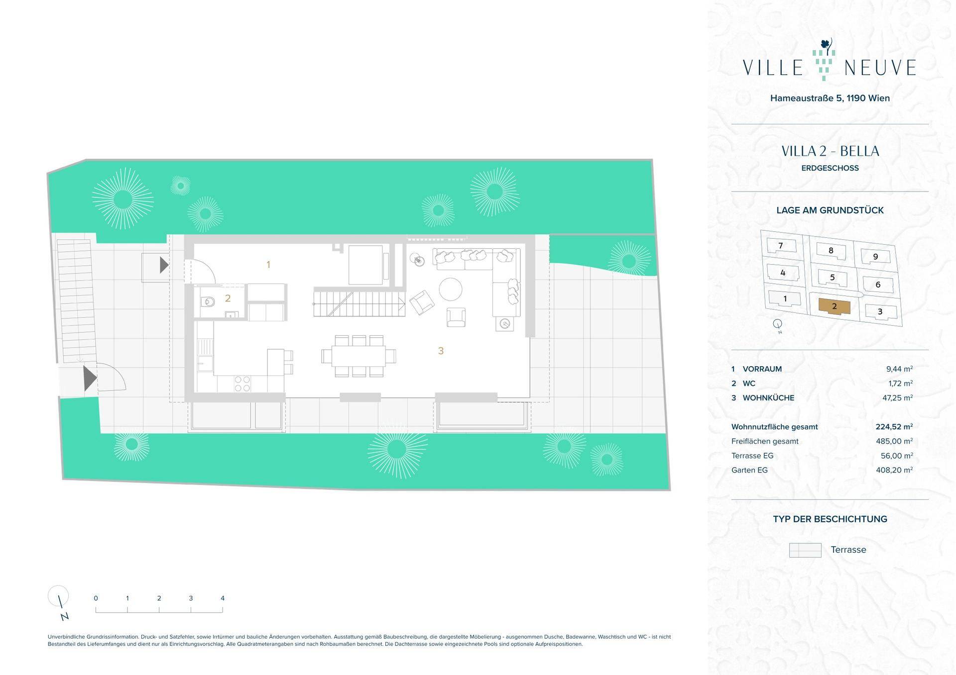 Grundriss des Erdgeschosses mit offener Wohnküche, Terrasse und Gartenbereich.