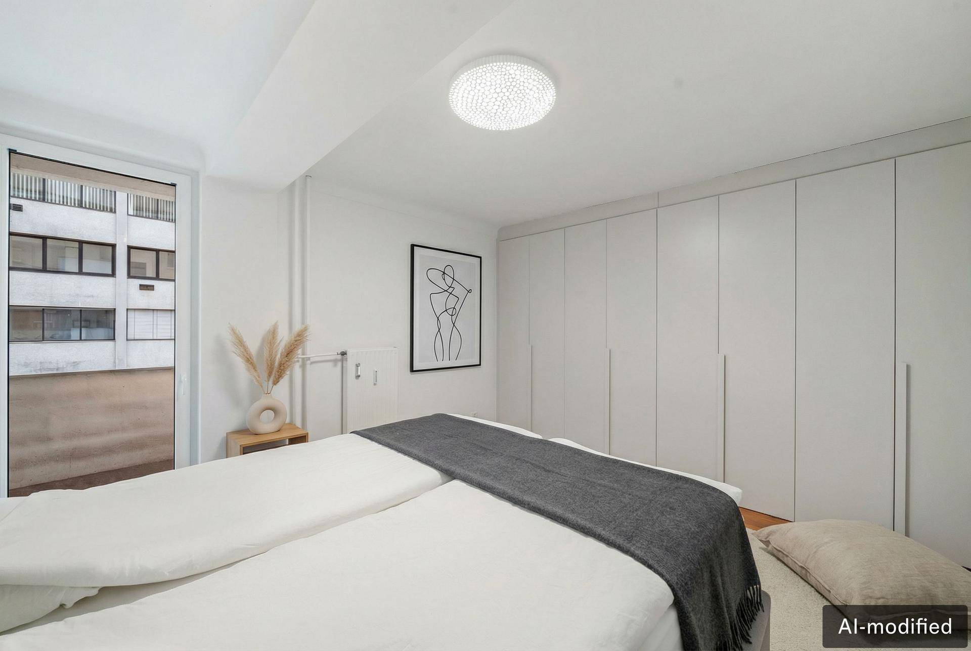 Schlafzimmer mit großen Einbauschränken und Zugang zu einem Balkon oder einer Loggia.