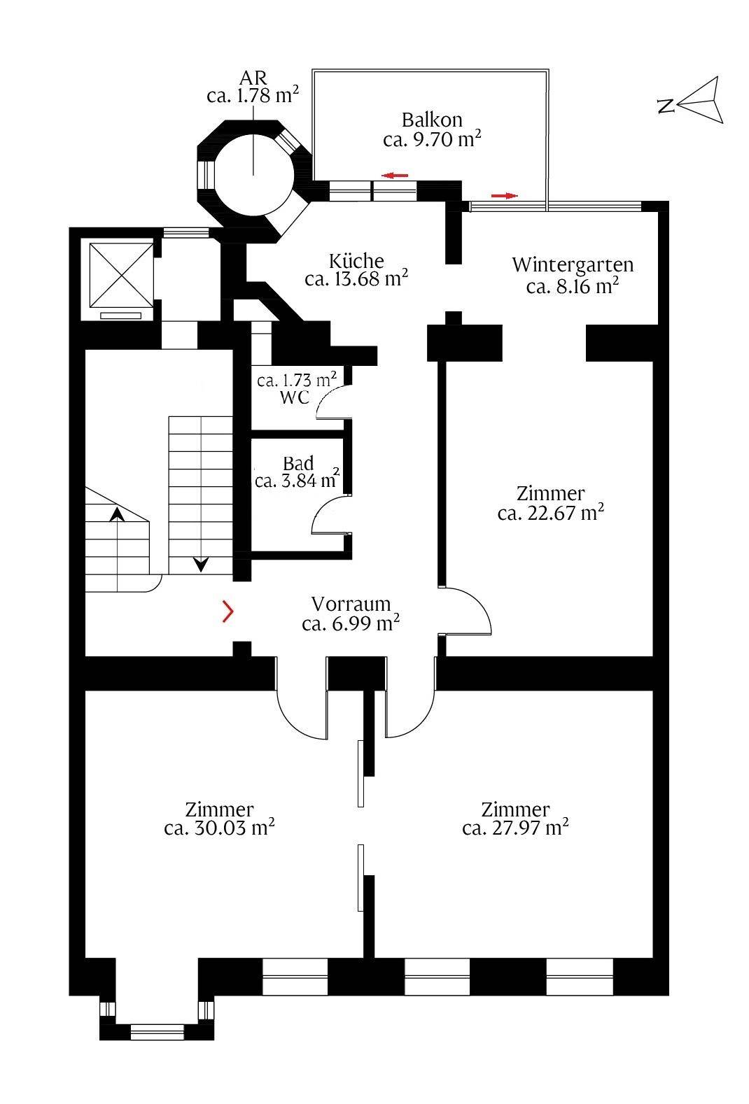 Grundrissplan mit Raumaufteilung, Balkon und Wintergarten.