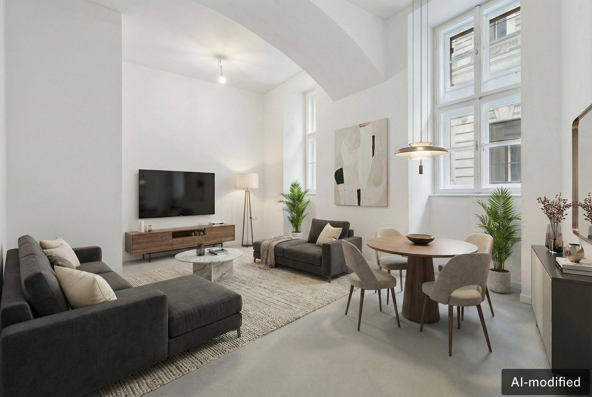 Heller Wohn- und Essbereich mit modernem Sofa, Esstisch und großen Fenstern.