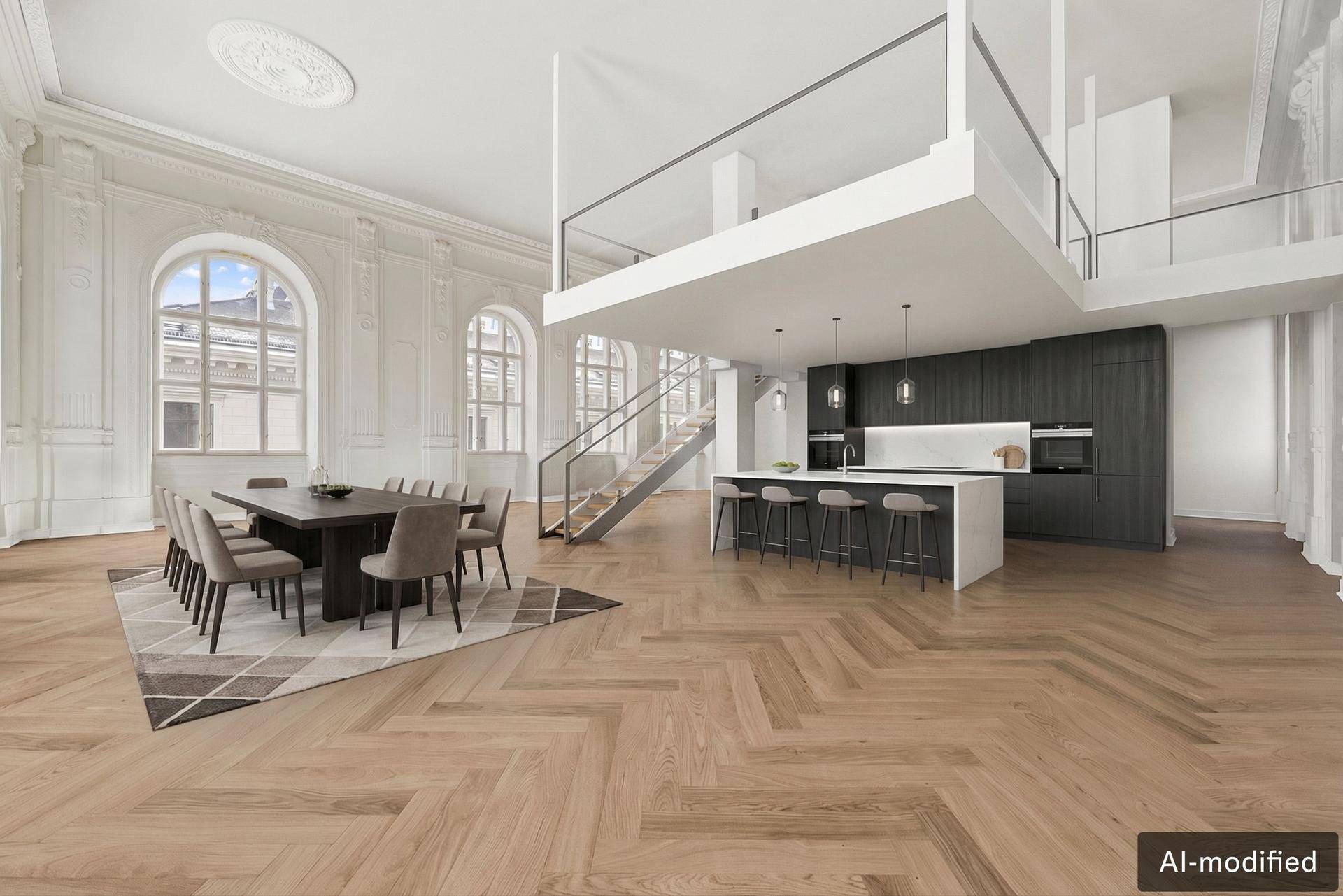Moderner offener Wohnbereich mit Esszimmer und integrierter Küche, hohen Decken und Fischgrätparkett.