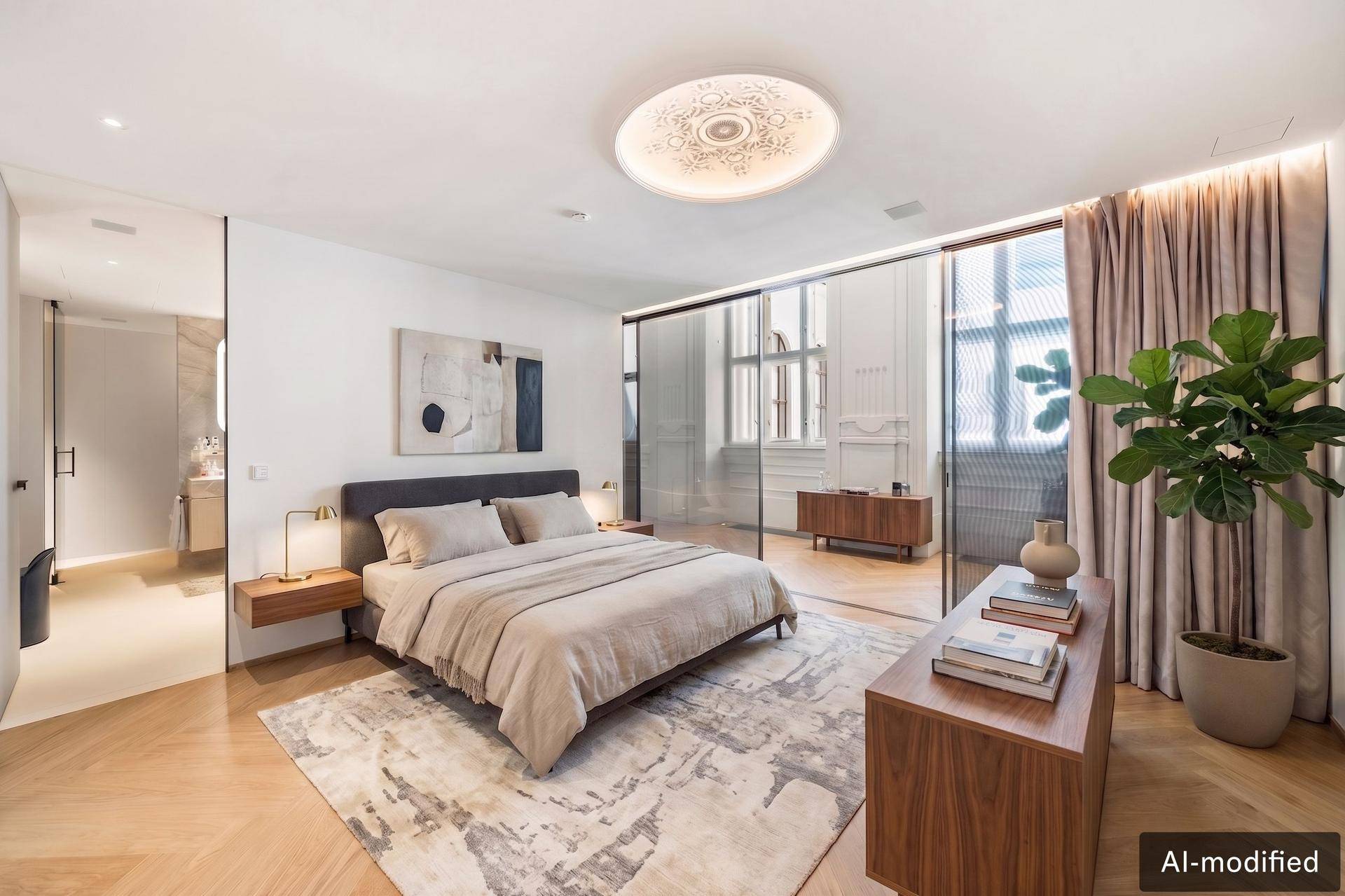 Elegantes Schlafzimmer mit Doppelbett, Holzboden und großen Fenstern, die viel Tageslicht hereinlassen.