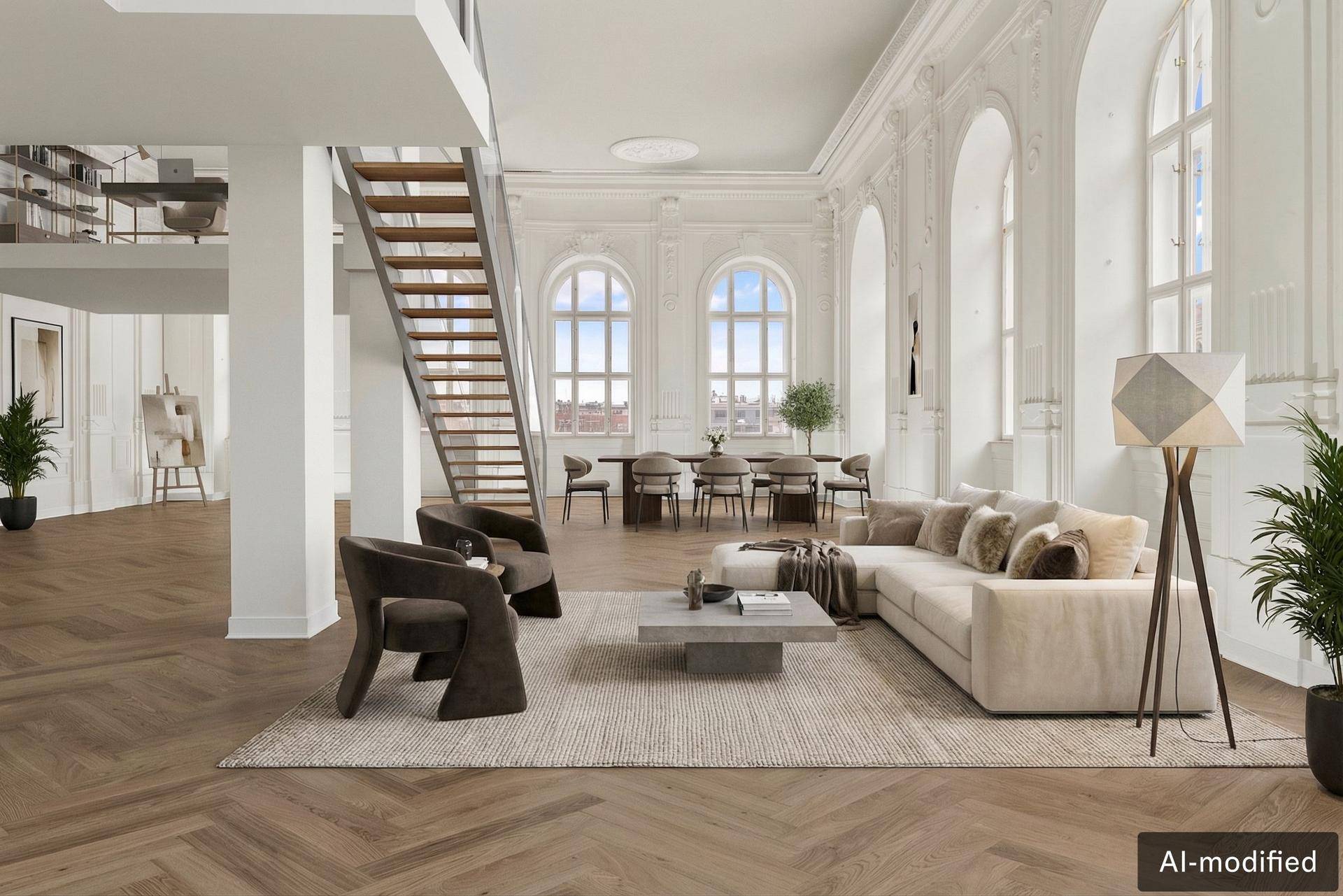 Heller, offener Wohnbereich mit Esszimmer, hohen Decken und einer eleganten Treppe zur oberen Galerie.