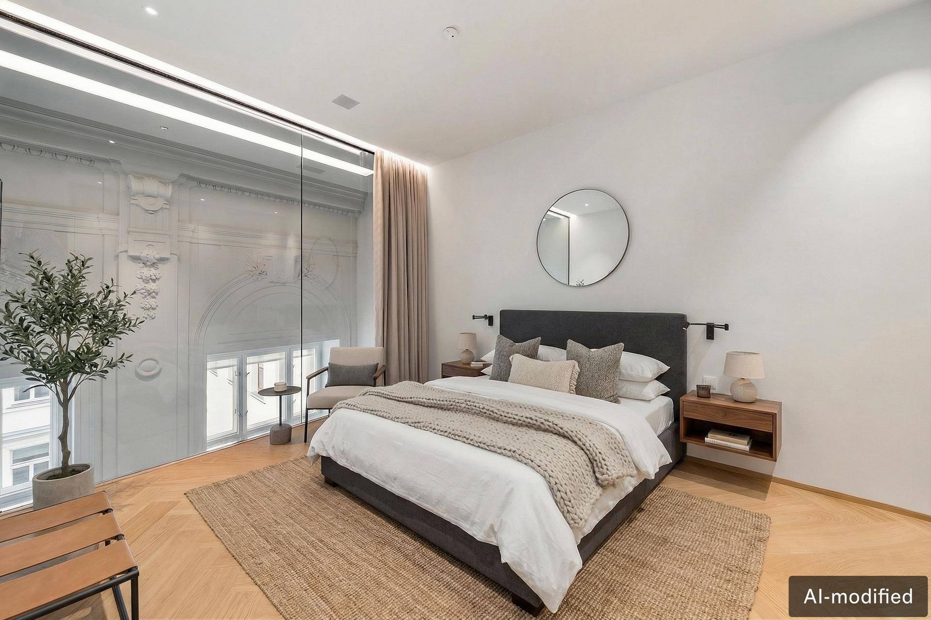 Helles Schlafzimmer mit Doppelbett, Holzboden und einem großen Fenster, das den Raum lichtdurchflutet.