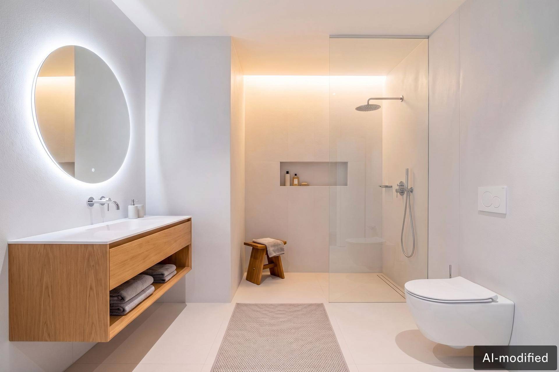 Modernes Badezimmer mit begehbarer Dusche, schwebendem Waschtisch und indirekter Beleuchtung.