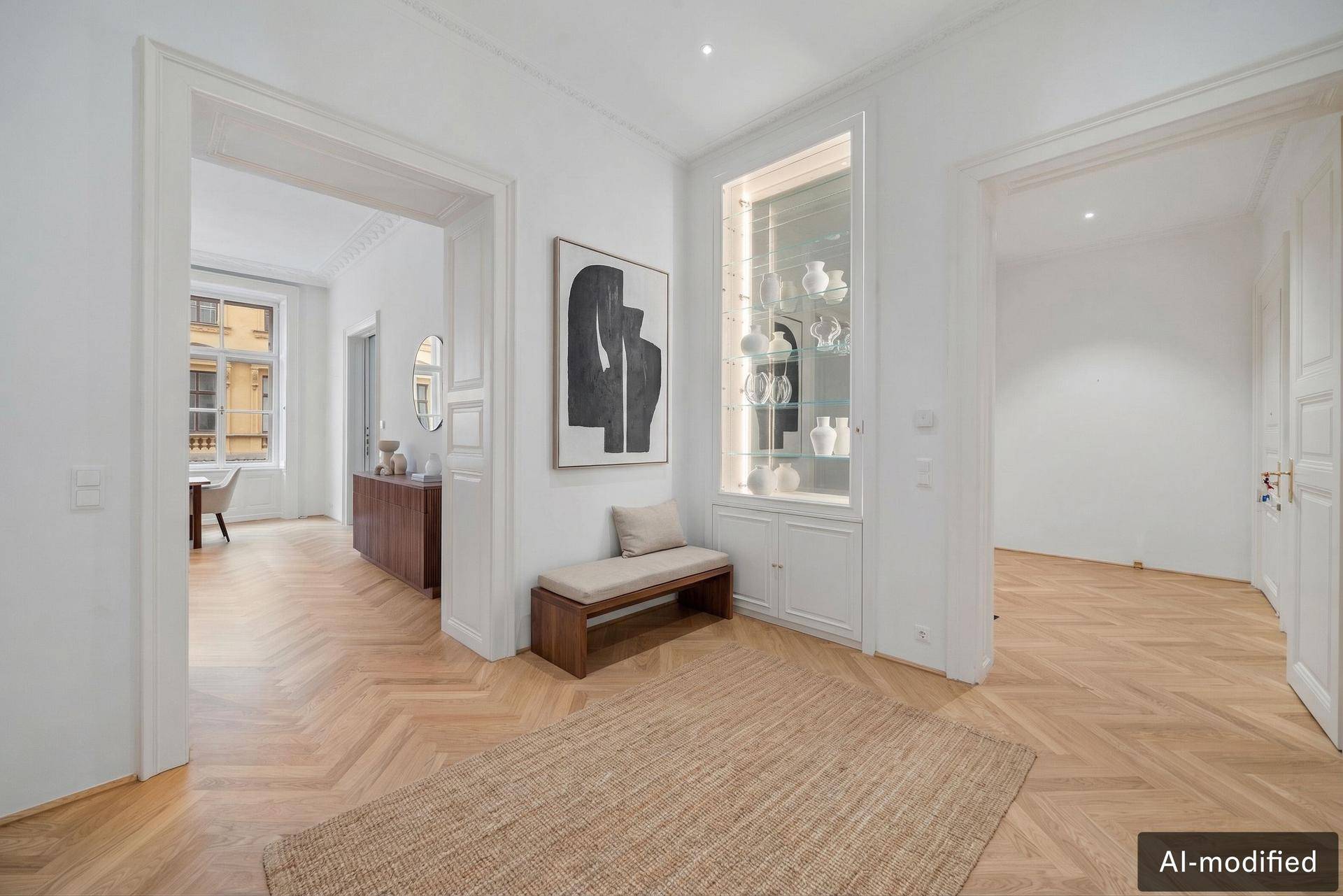 Geräumiger Flur mit Fischgrätparkett, Einbauschrank und dekorativer Kunst, der zu weiteren Räumen führt.