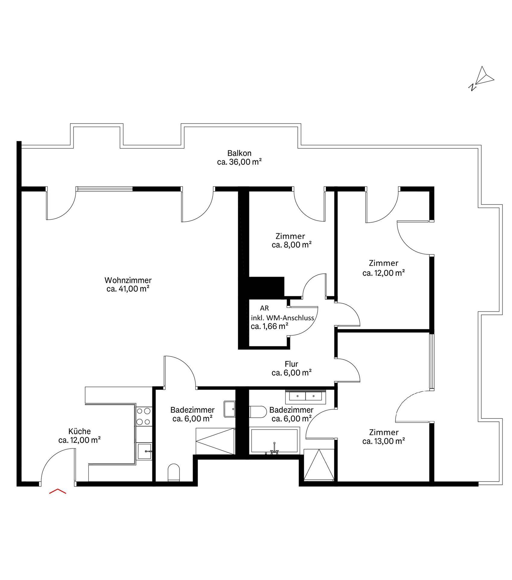 Grundriss der Wohnung mit Balkon, Küche, Wohnzimmer und mehreren Zimmern.