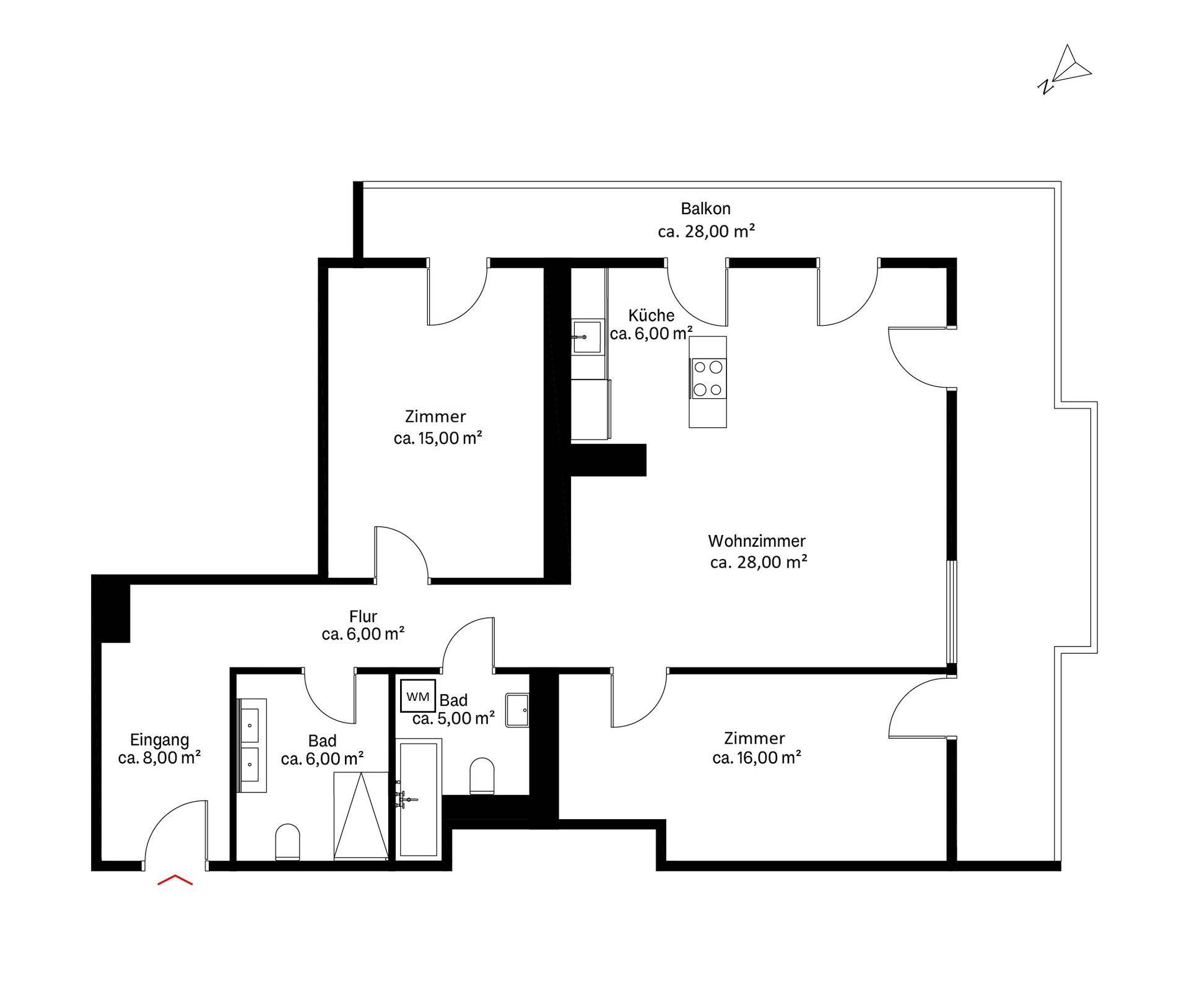 Grundriss einer Wohnung mit mehreren Zimmern, zwei Bädern, Küche und Balkon.