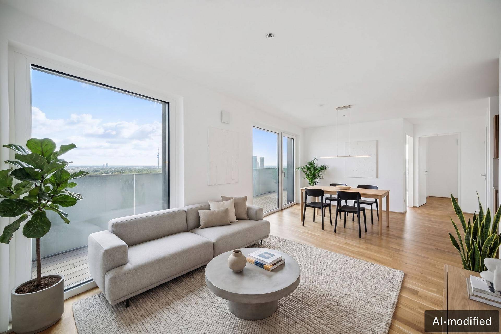 Helles Wohn-Esszimmer mit modernem Sofa, Esstisch und Zugang zum Balkon.
