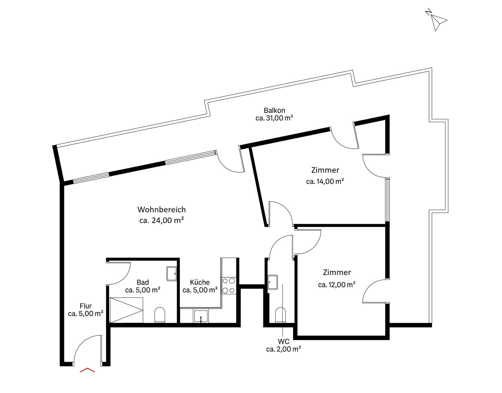 Grundriss einer Wohnung mit Wohnbereich, Küche, Bad, WC und Balkon.