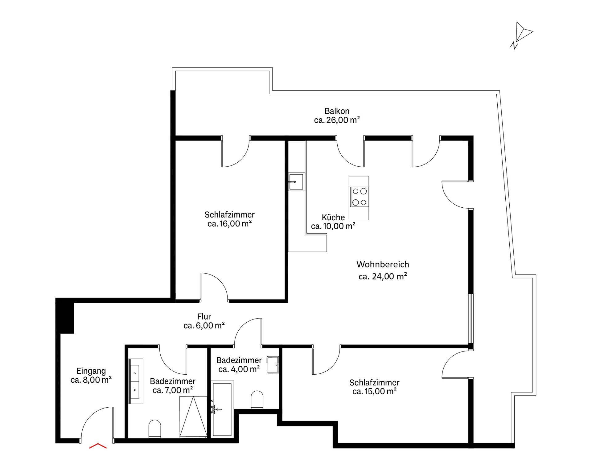 Grundriss einer Wohnung mit zwei Schlafzimmern, offenem Wohnbereich und großem Balkon.