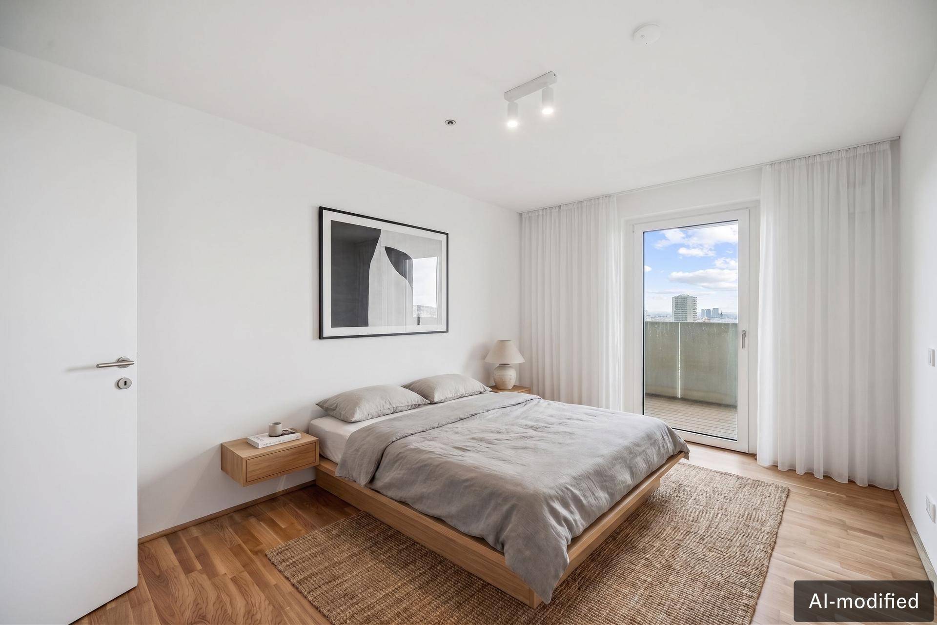 Modernes Schlafzimmer mit Holzbett, Parkettboden und Zugang zu einem Balkon.