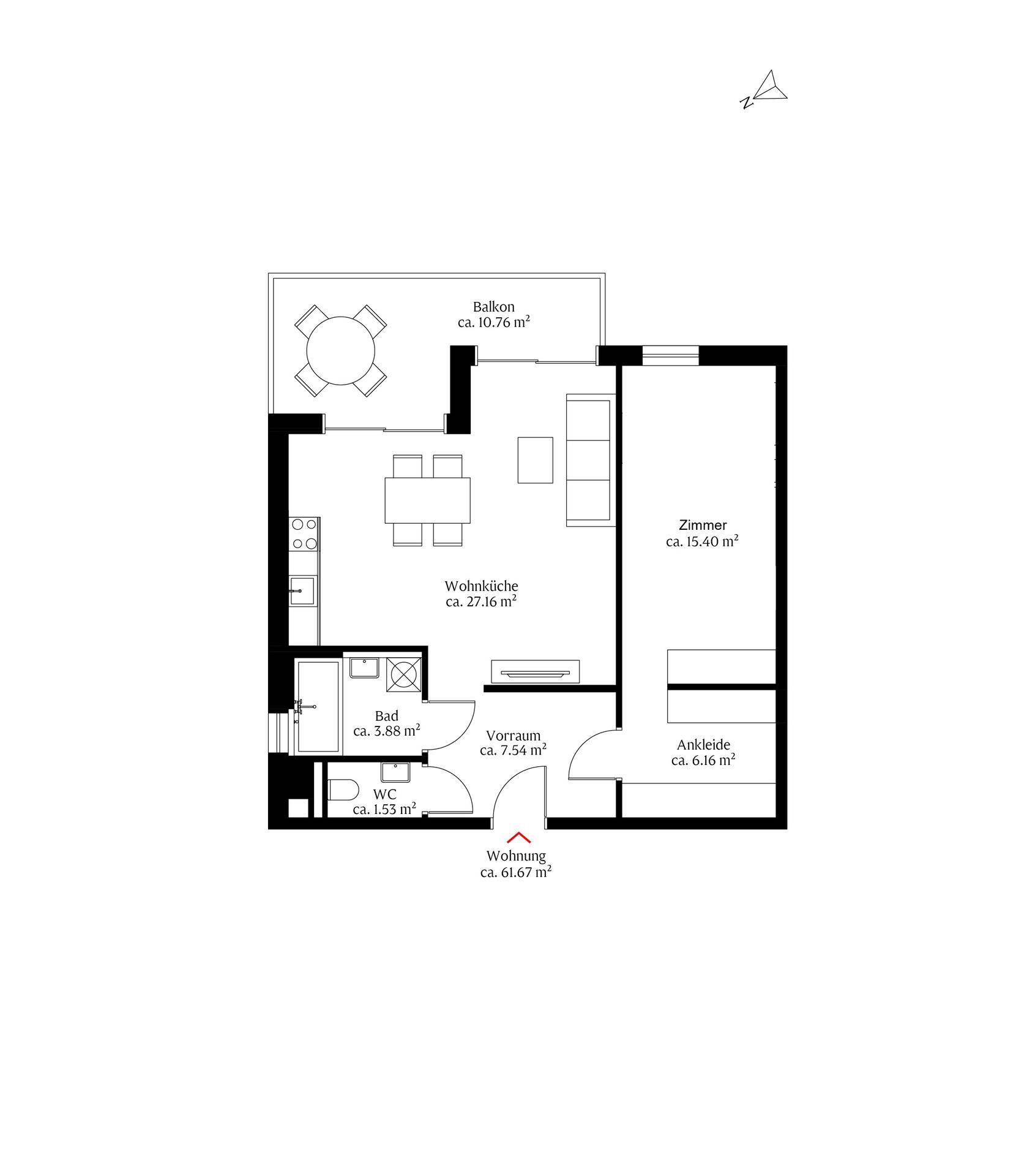 Grundriss der Wohnung mit Wohnküche, Bad, WC, Zimmer und Balkon.