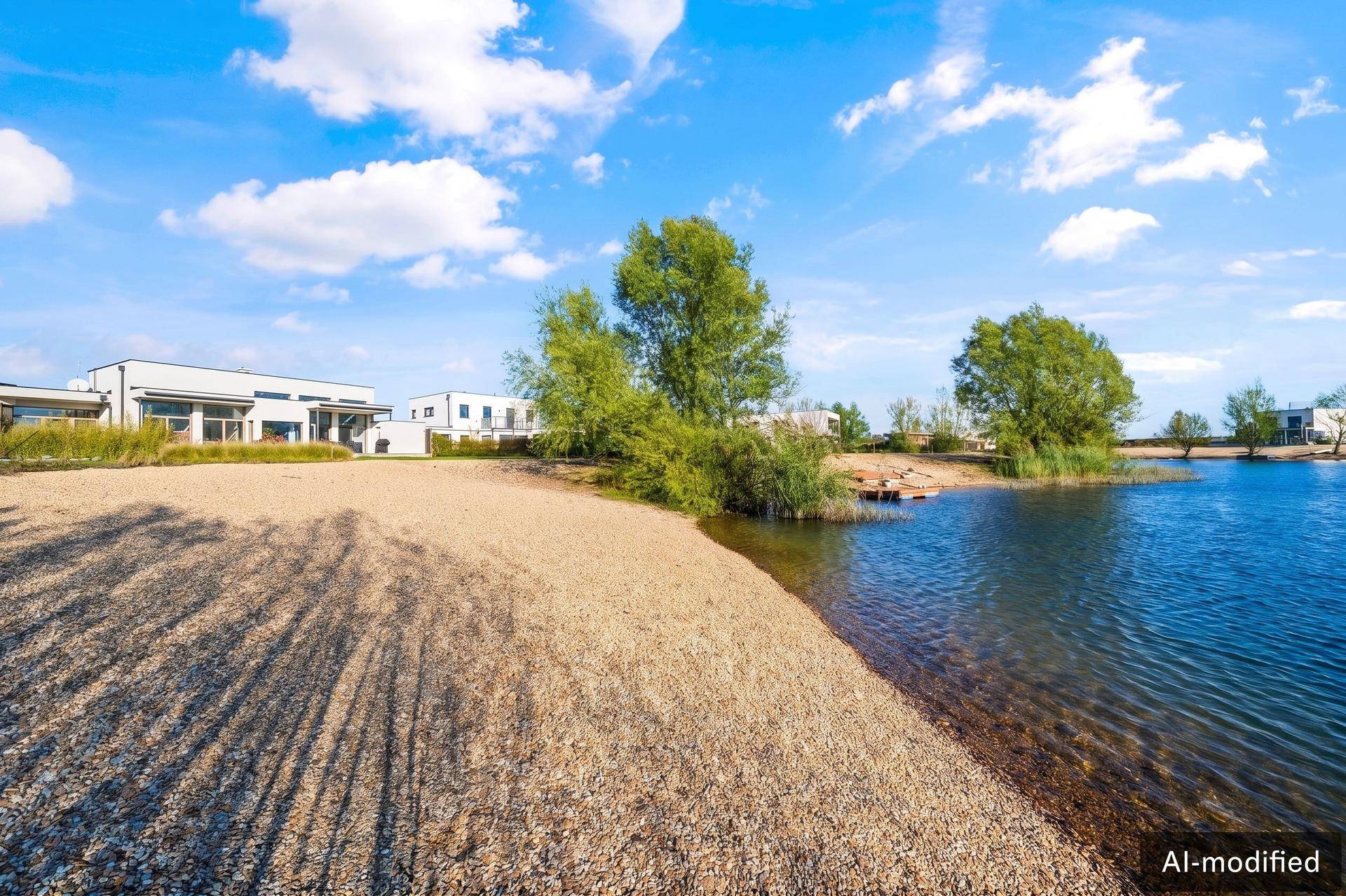 Malerische Uferlandschaft mit kleinem Strandabschnitt und Blick auf die umliegenden Häuser.