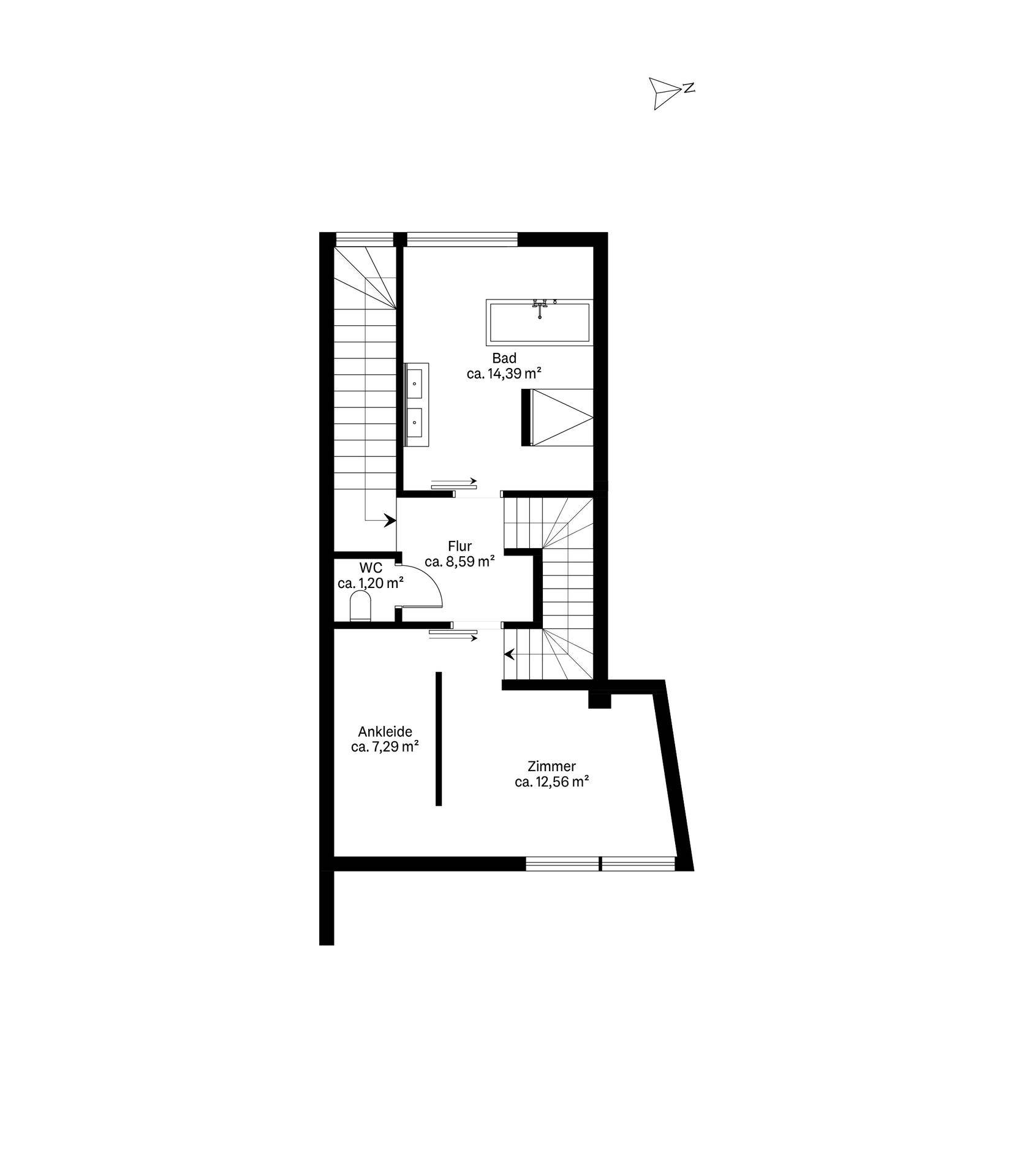Grundriss des ersten Obergeschosses mit Schlafzimmer, Bad, WC und Ankleidebereich.
