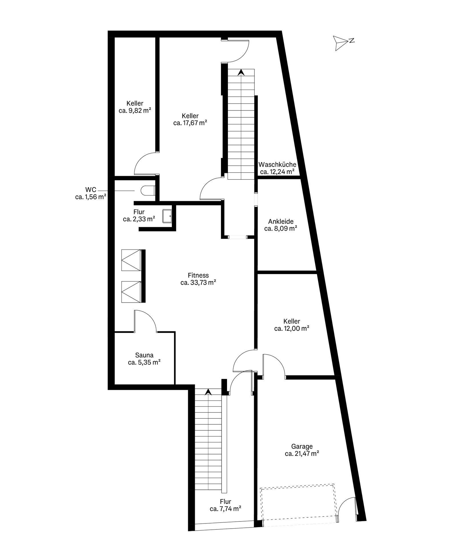 Grundriss des Untergeschosses mit Keller, Fitnessraum, Sauna und Garage.