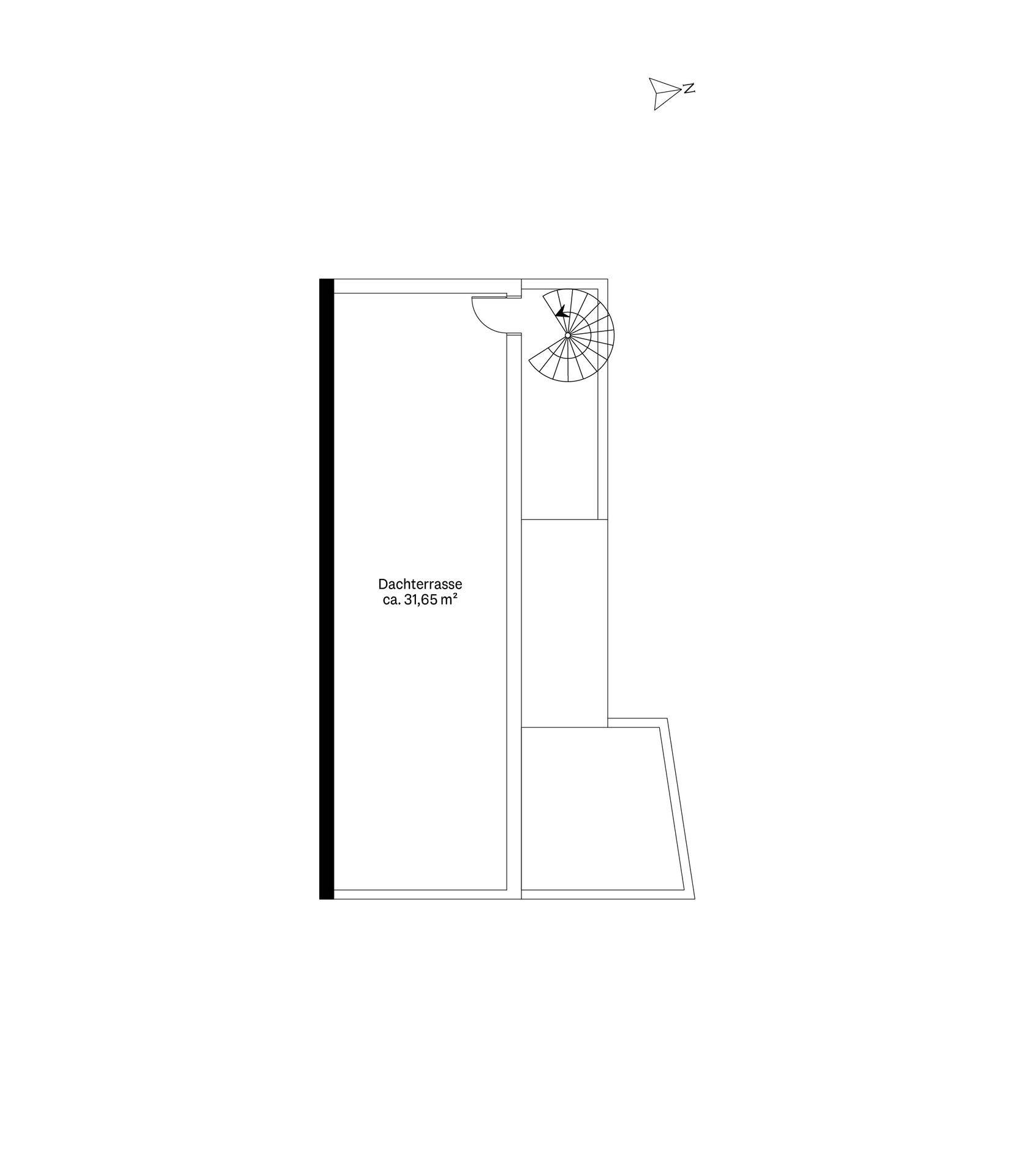 Grundriss der Dachterrasse mit Wendeltreppe und großzügiger Außenfläche.