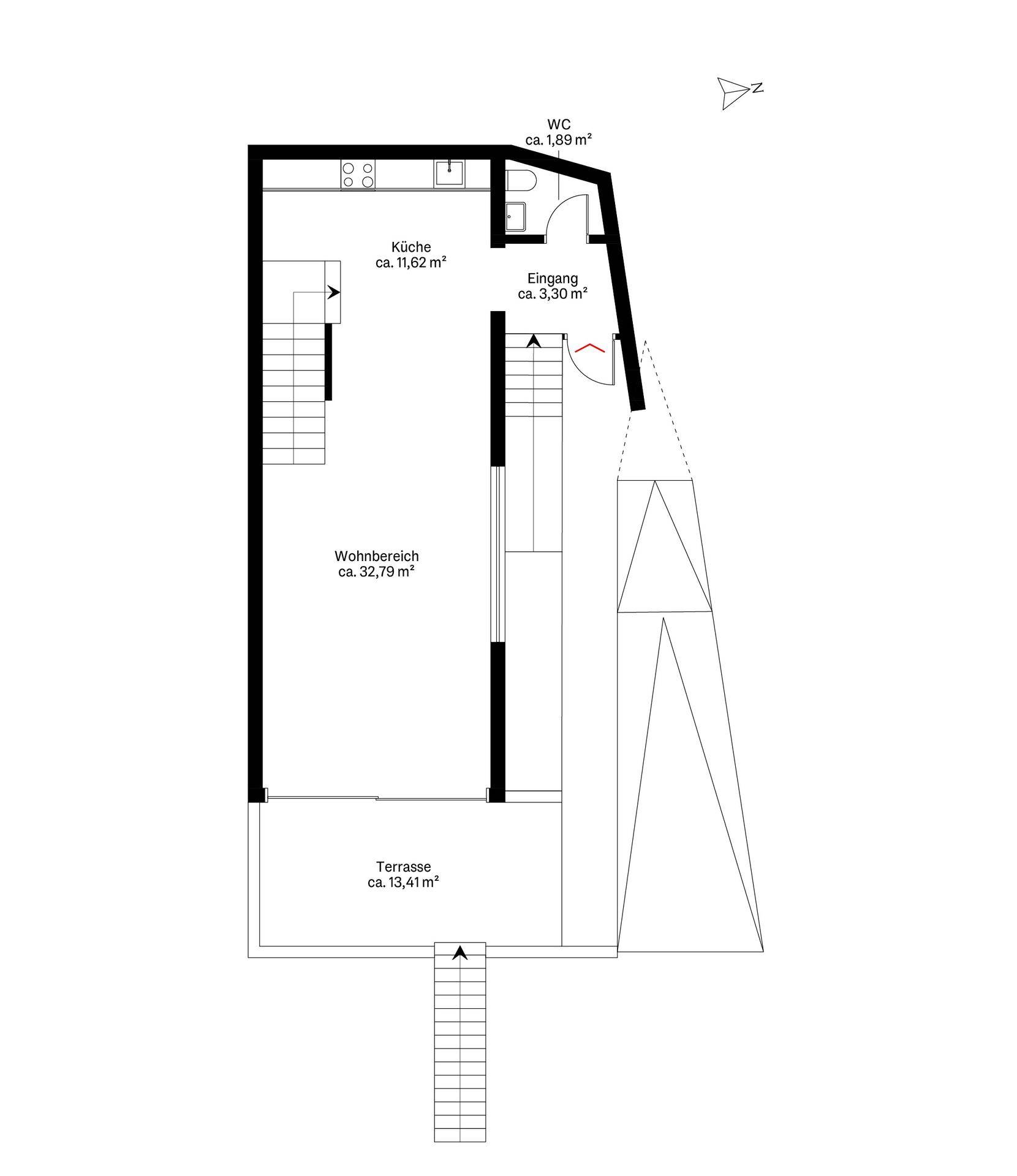 Grundriss des Erdgeschosses mit offener Küche, Wohnbereich und Terrasse.