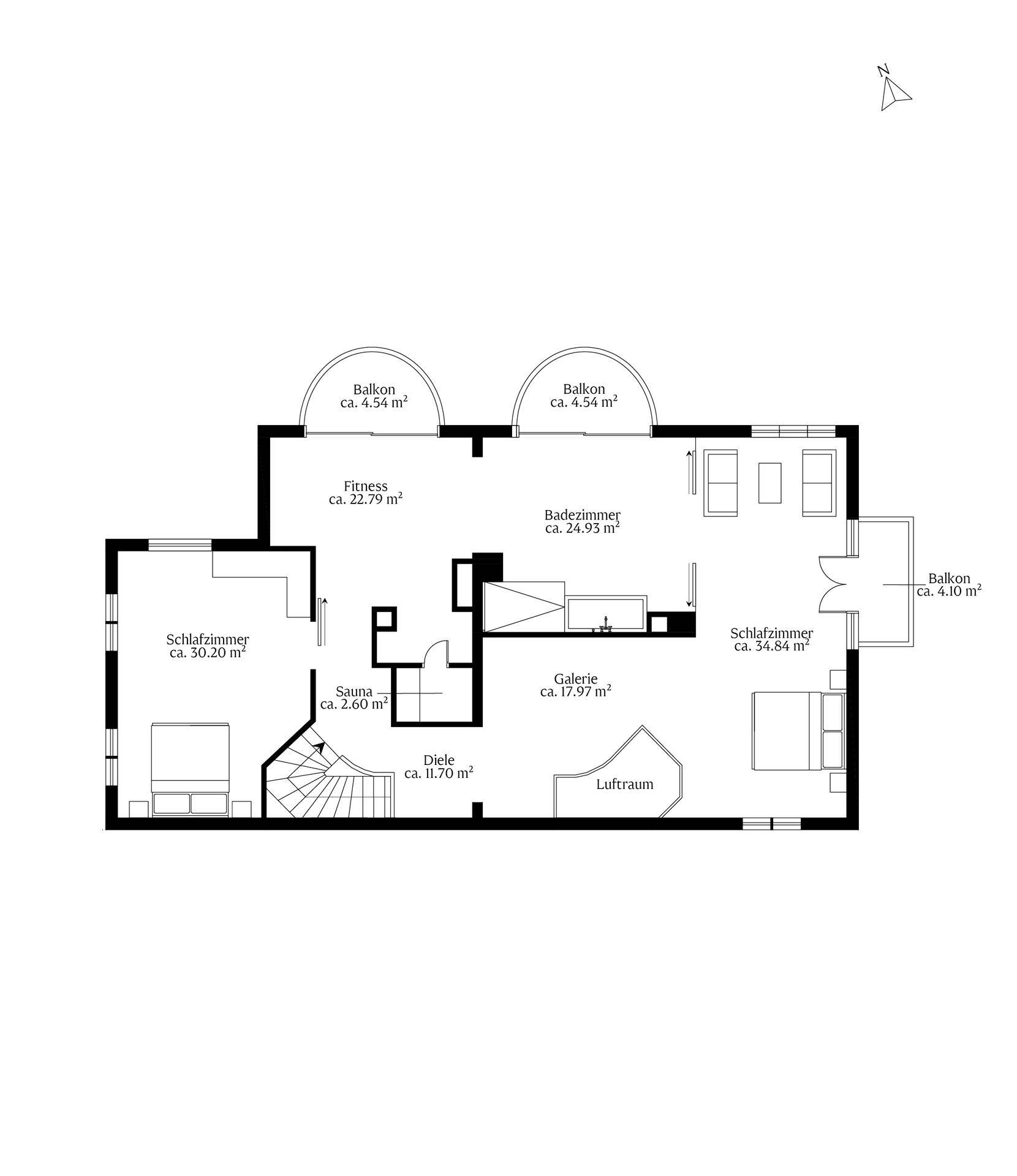 Grundriss des Obergeschosses mit Schlafzimmern, Badezimmer, Fitnessbereich und Sauna.