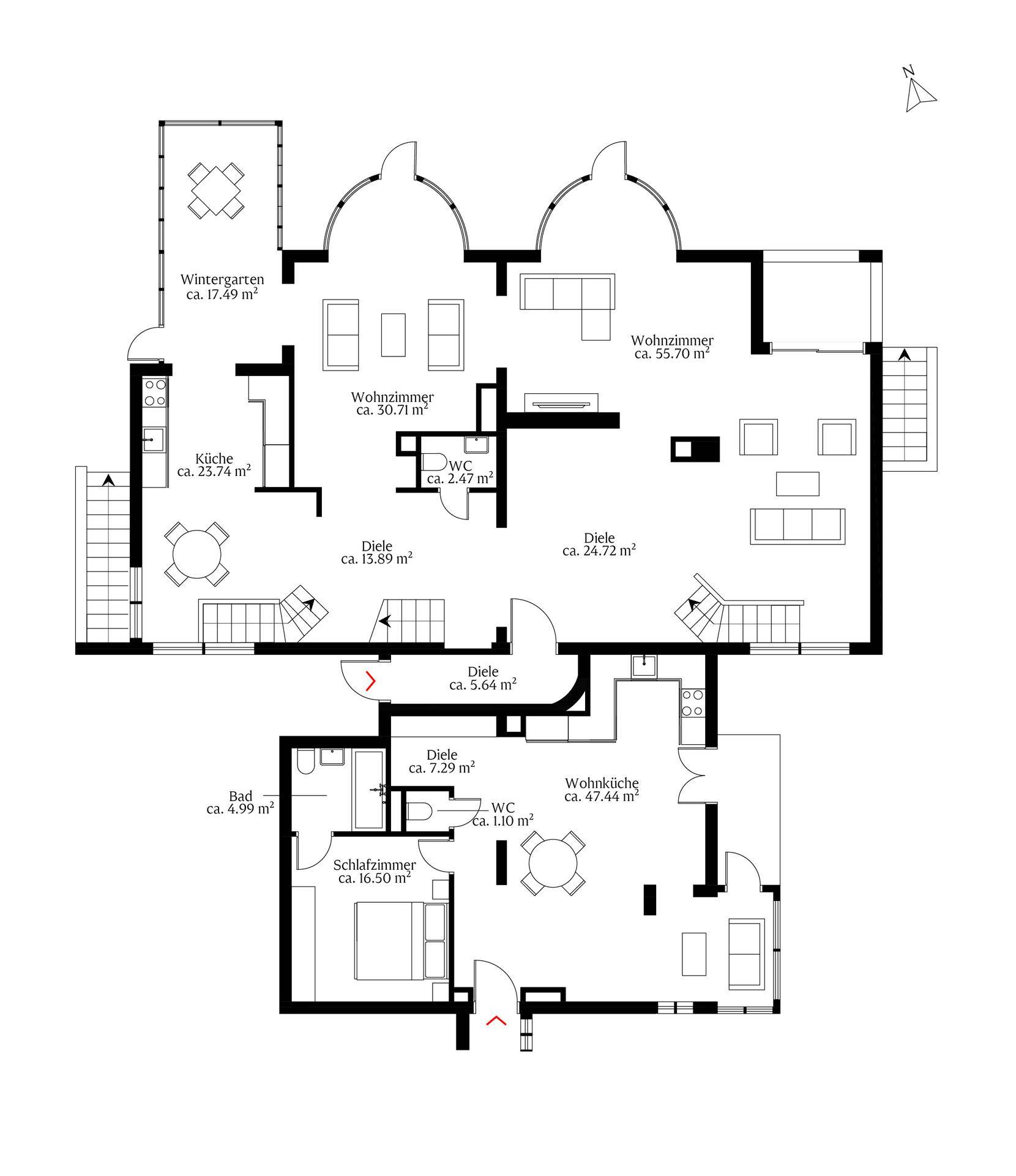 Grundriss des Erdgeschosses mit Wohnzimmer, Küche, Wintergarten und Schlafzimmer.