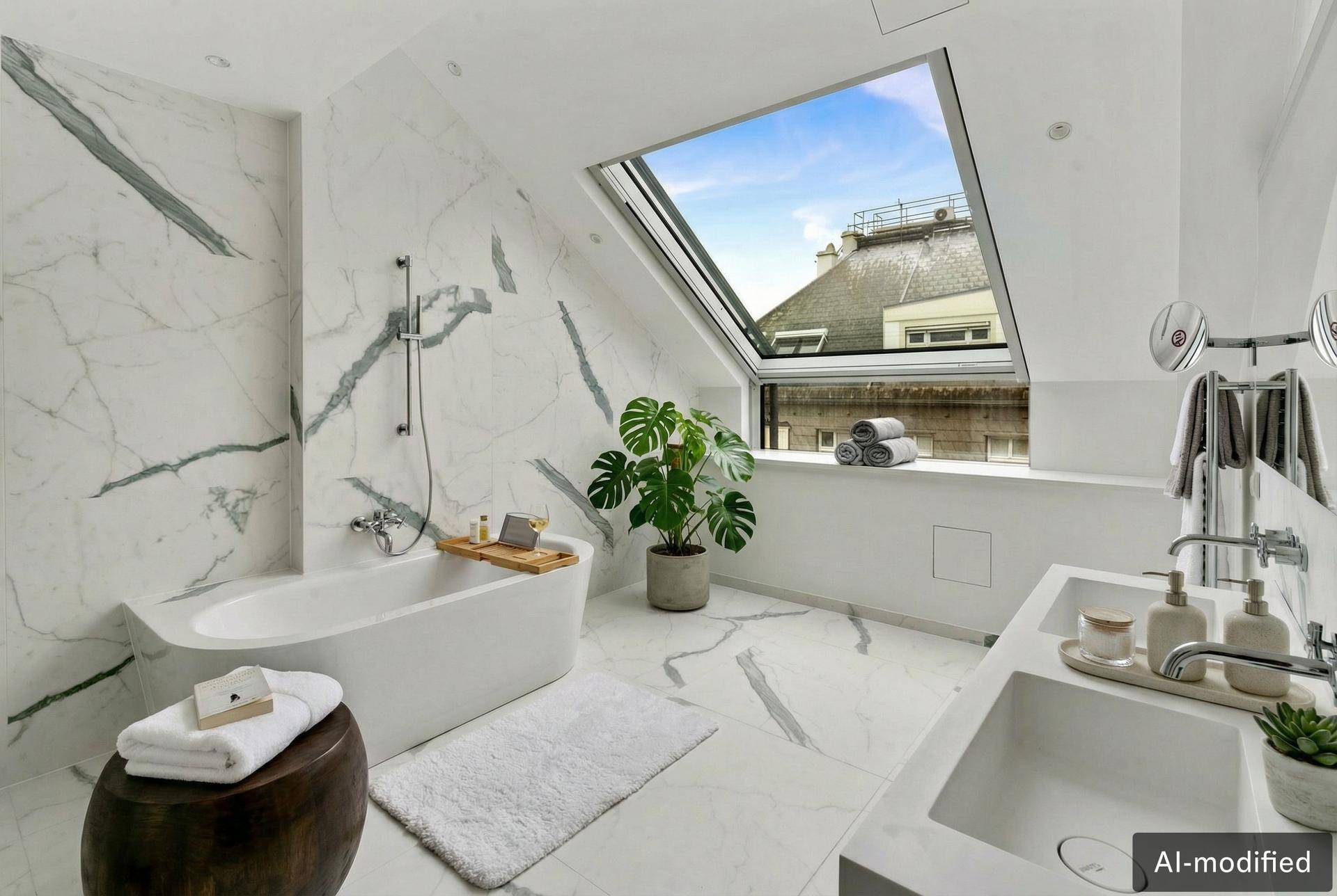 Luxuriöses Badezimmer mit freistehender Badewanne, Marmorfliesen und großem Dachfenster für viel Licht.