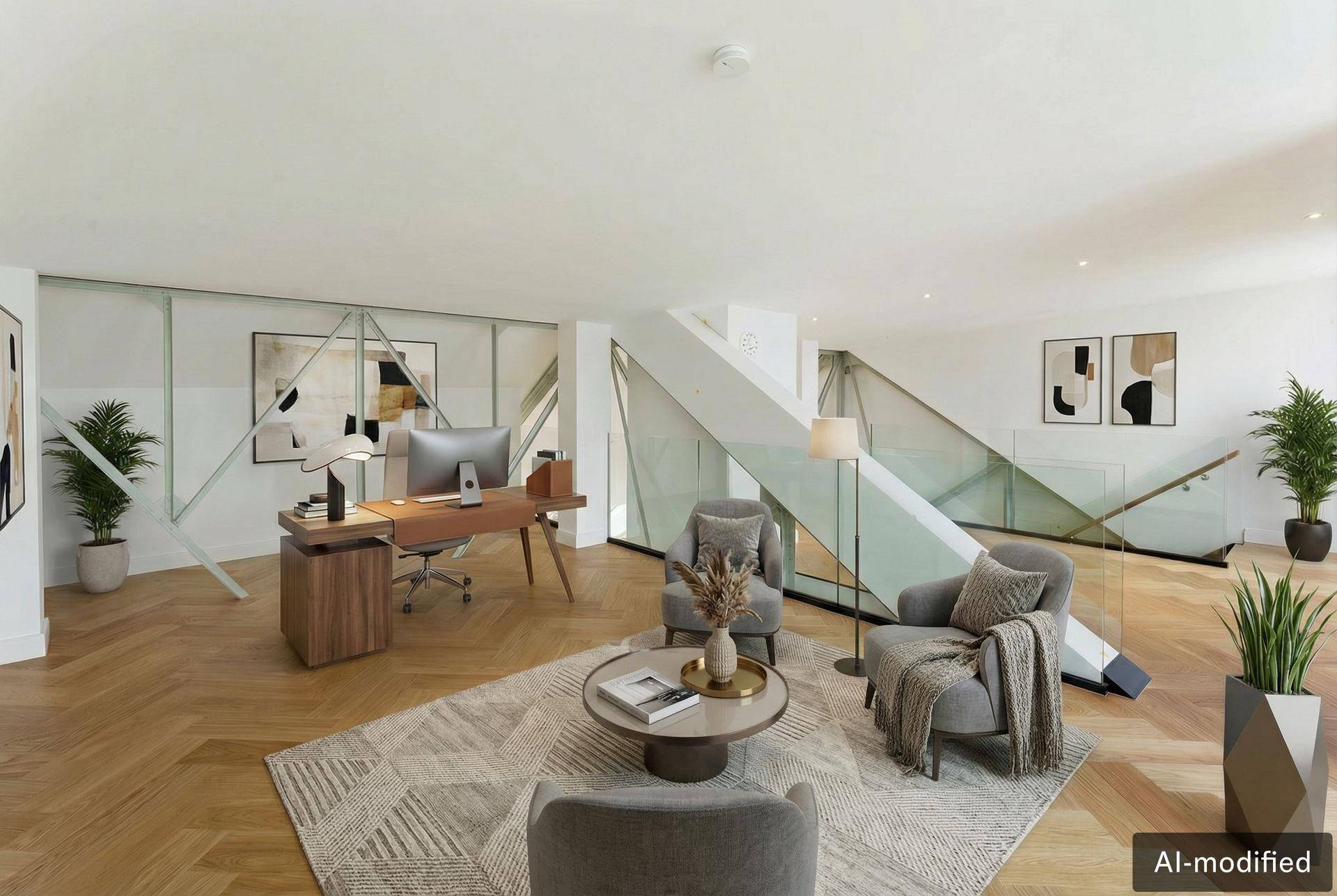 Heller offener Bereich mit Sitzgelegenheiten, Schreibtisch und eleganter Treppe mit Glasgeländer.