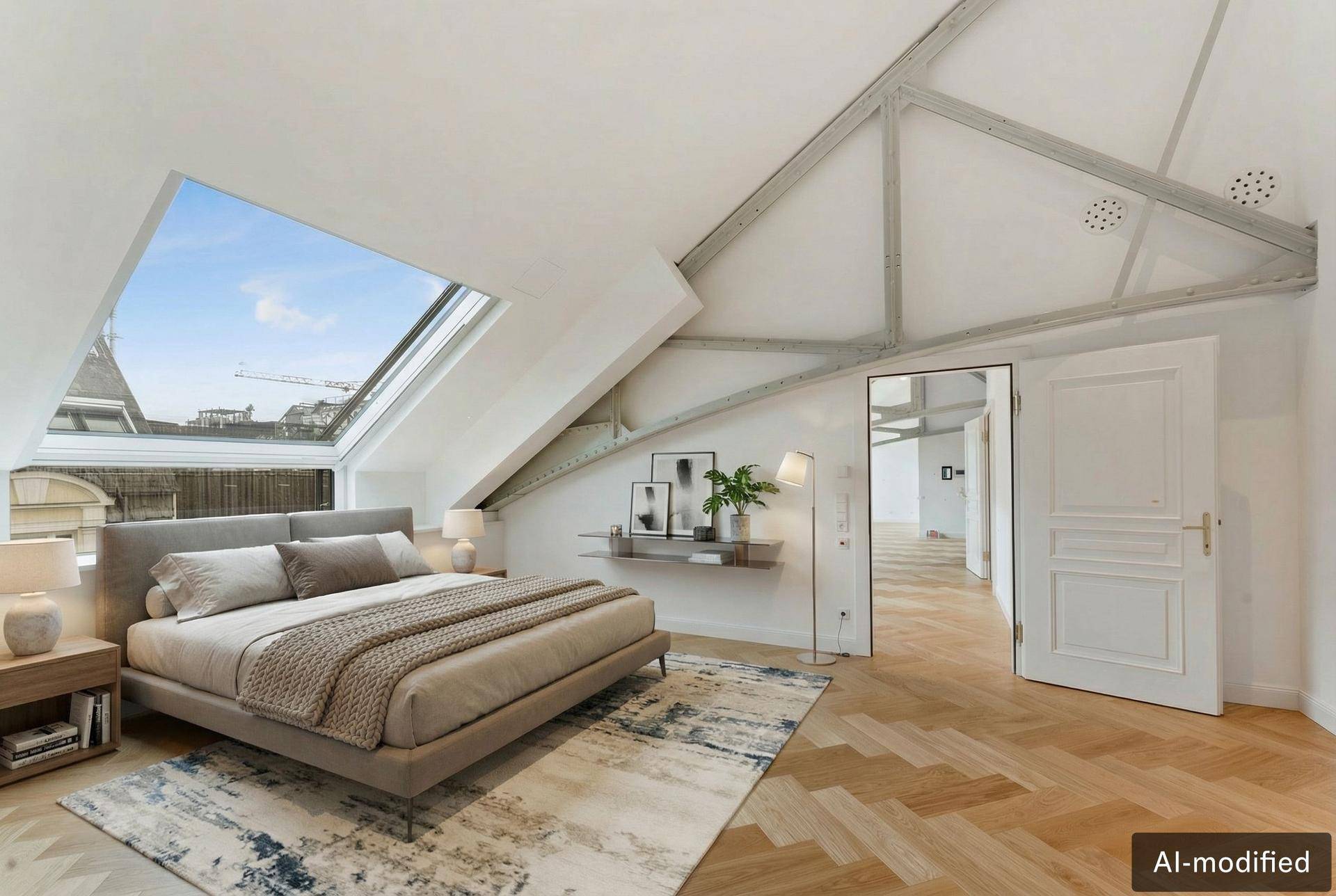 Helles Schlafzimmer im Dachgeschoss mit großem Bett, elegantem Fischgrätparkett und Dachfenster.