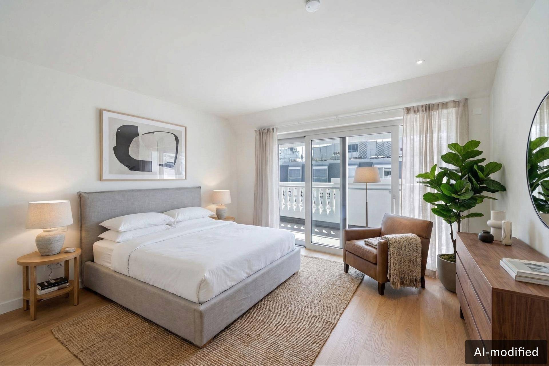 Helles Schlafzimmer mit Holzboden, bequemen Möbeln und Zugang zu einem Balkon.