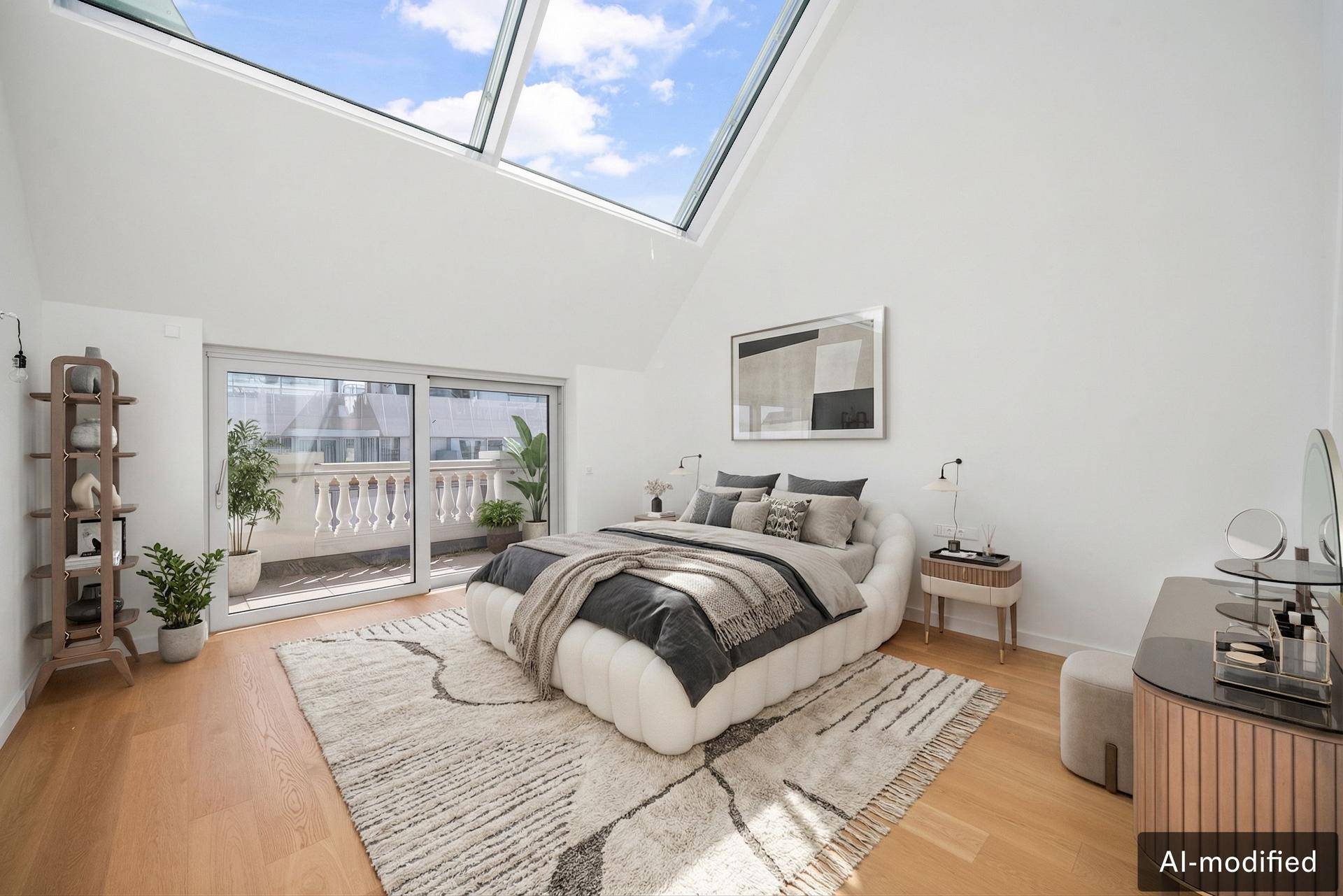 Helles Schlafzimmer mit Dachfenstern, modernem Bett und Zugang zu einem Balkon.