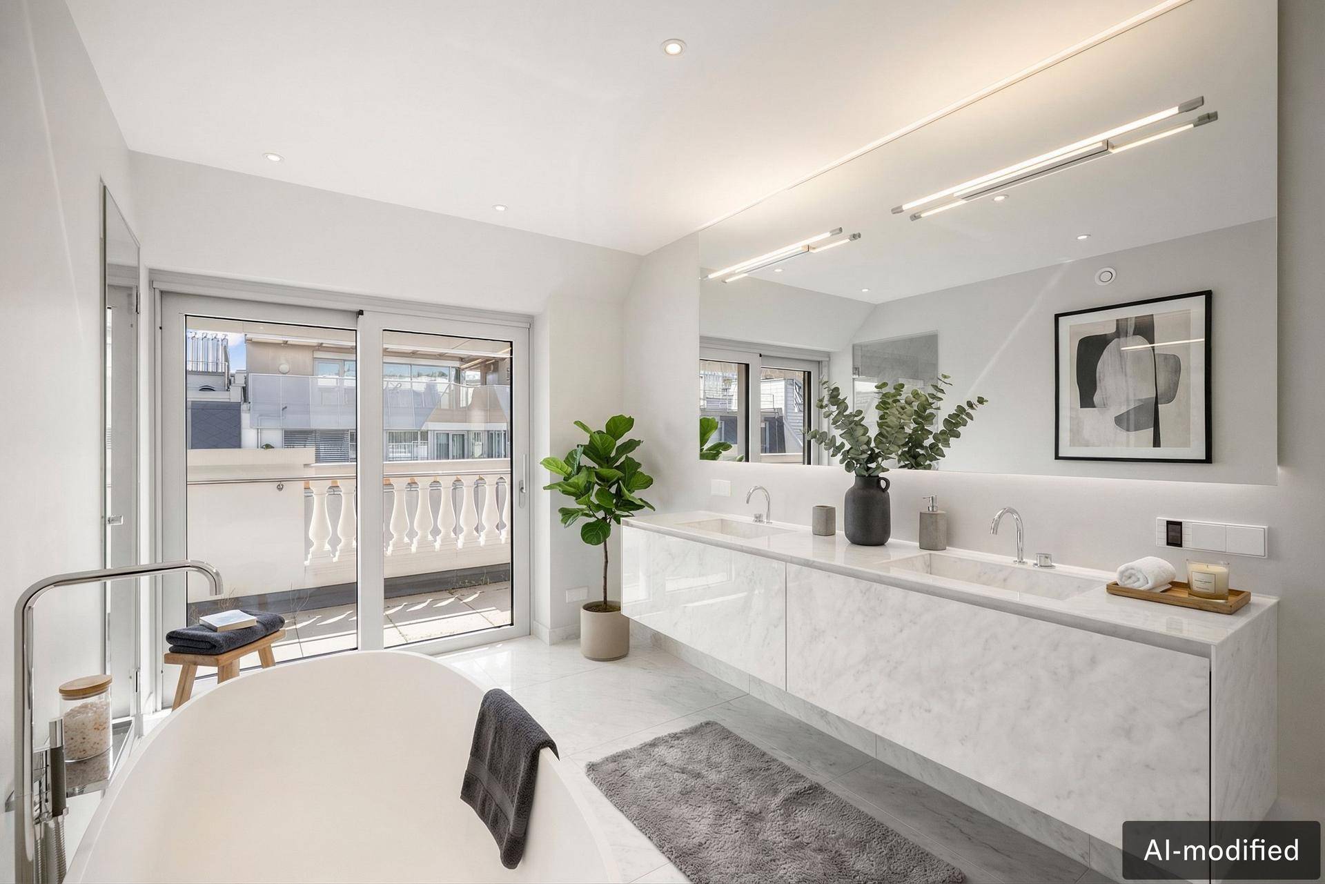 Elegantes Badezimmer mit freistehender Badewanne, Doppelwaschbecken und Balkonzugang.