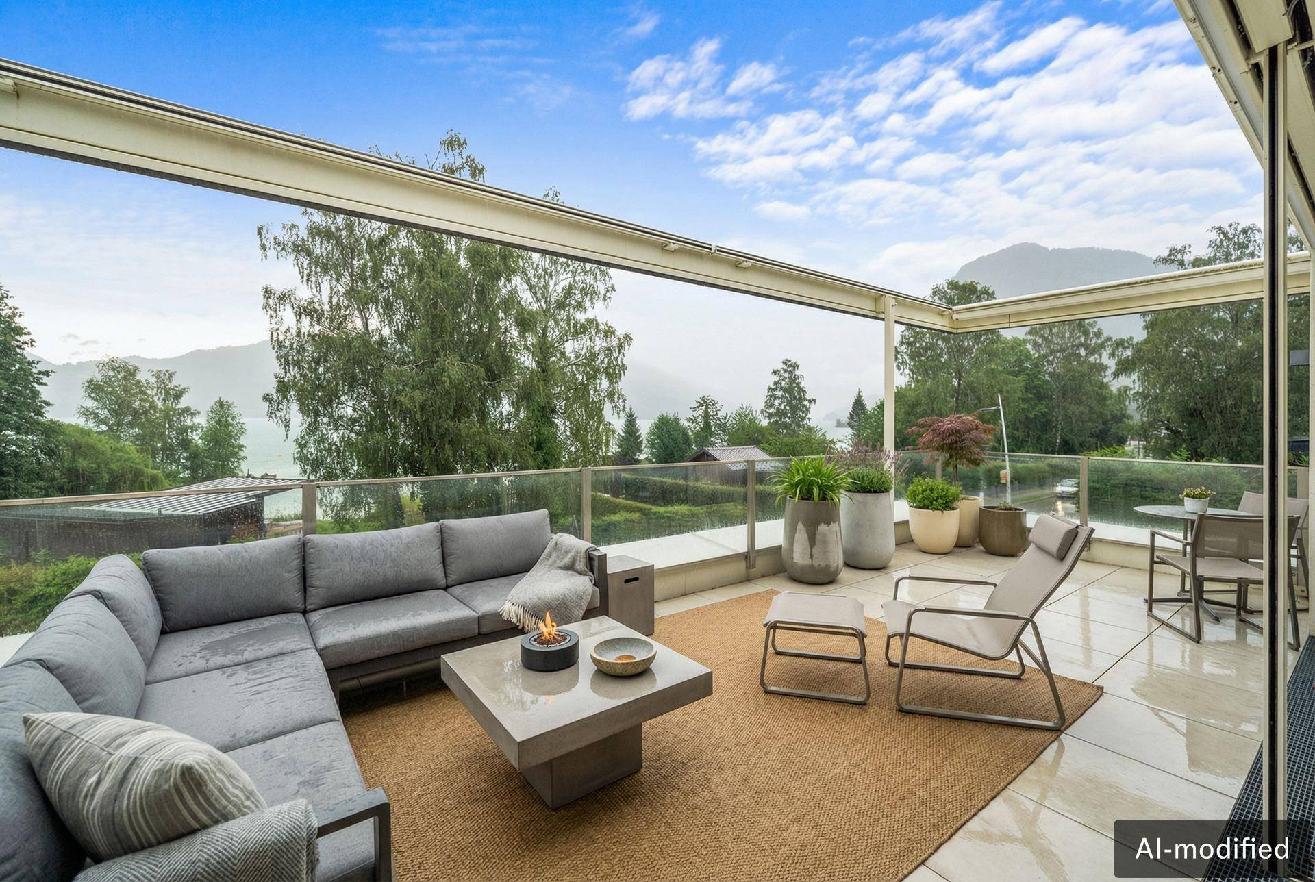 Exklusive Dachterrasse mit bequemen Lounge-Möbeln, Feuerstelle und weitem Blick auf See und Berge.