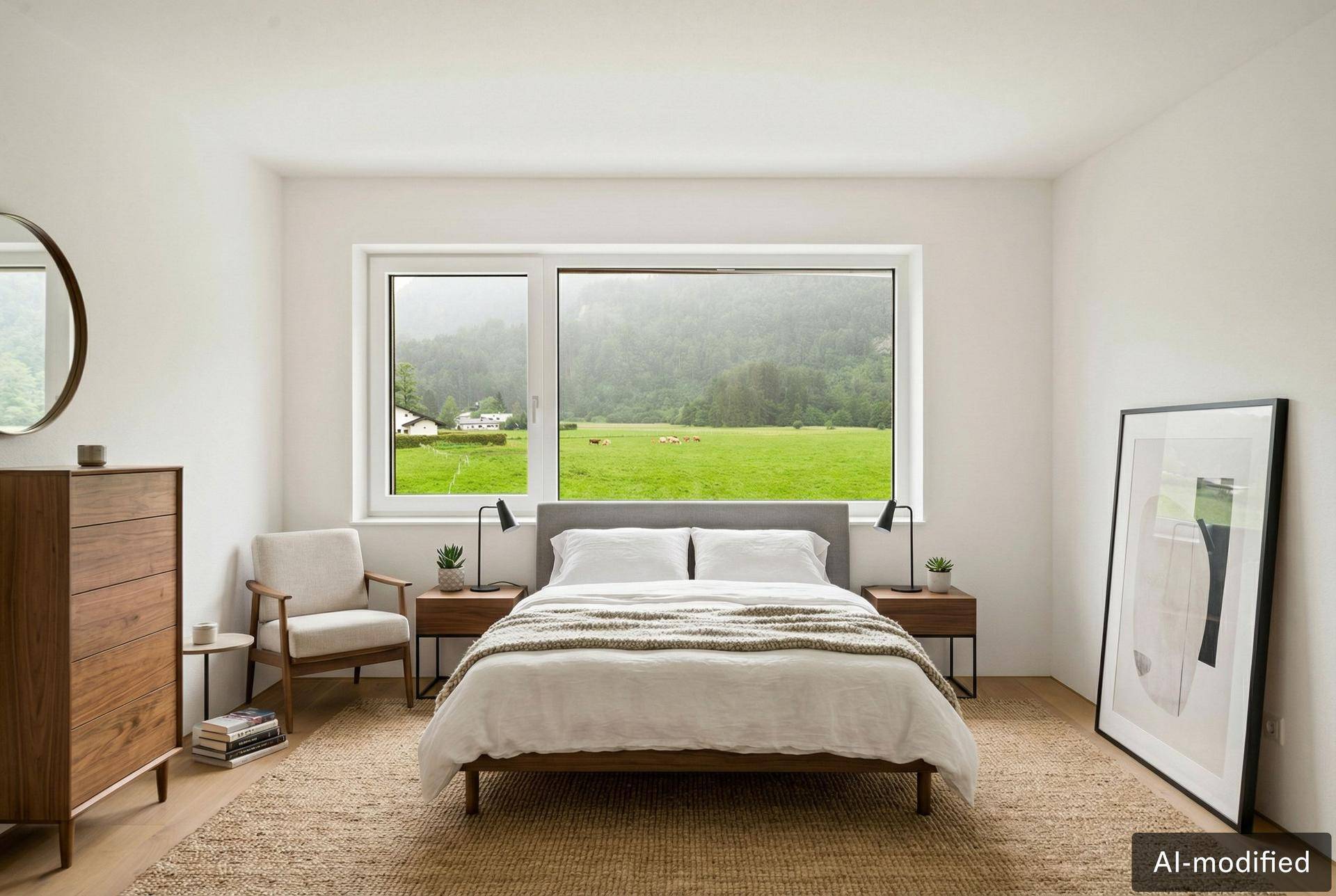 Gemütliches Schlafzimmer mit Doppelbett, Holzmöbeln und großem Fenster mit Blick ins Grüne.