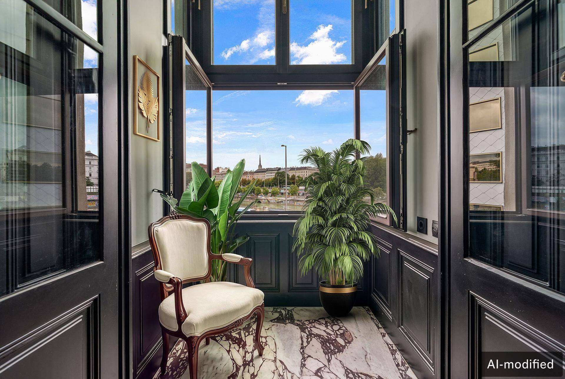 Gemütliche Loggia mit Marmorboden, Sitzgelegenheit, Pflanzen und weitem Blick auf die Stadt.