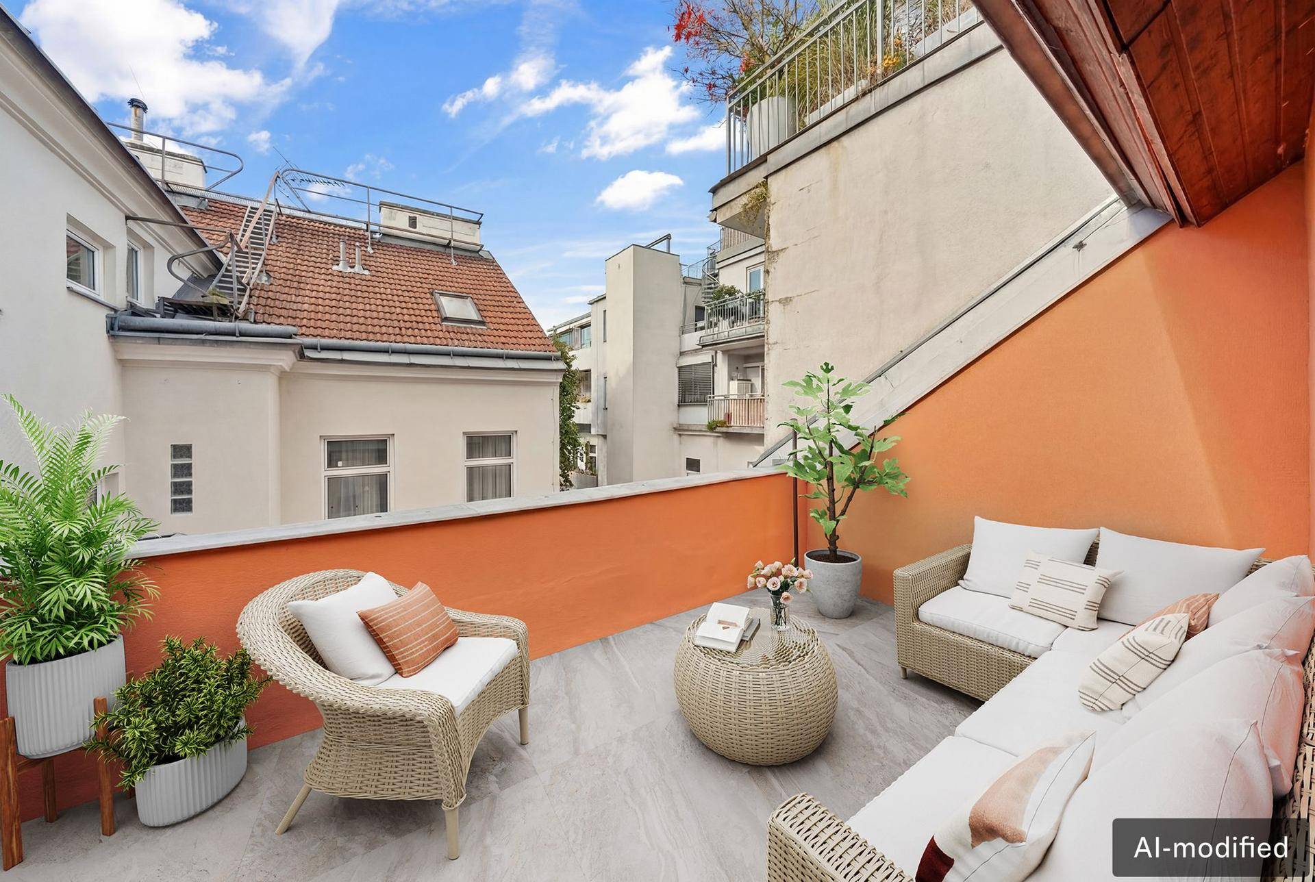 Gemütliche Terrasse mit Sitzgelegenheiten und Blick auf die umliegenden Gebäude.