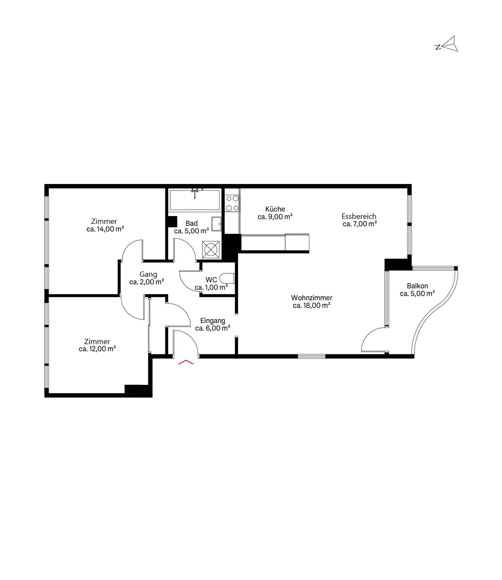 Detaillierter Grundriss der Wohnung mit Aufteilung in Wohn-, Ess- und Schlafbereiche sowie Balkon.