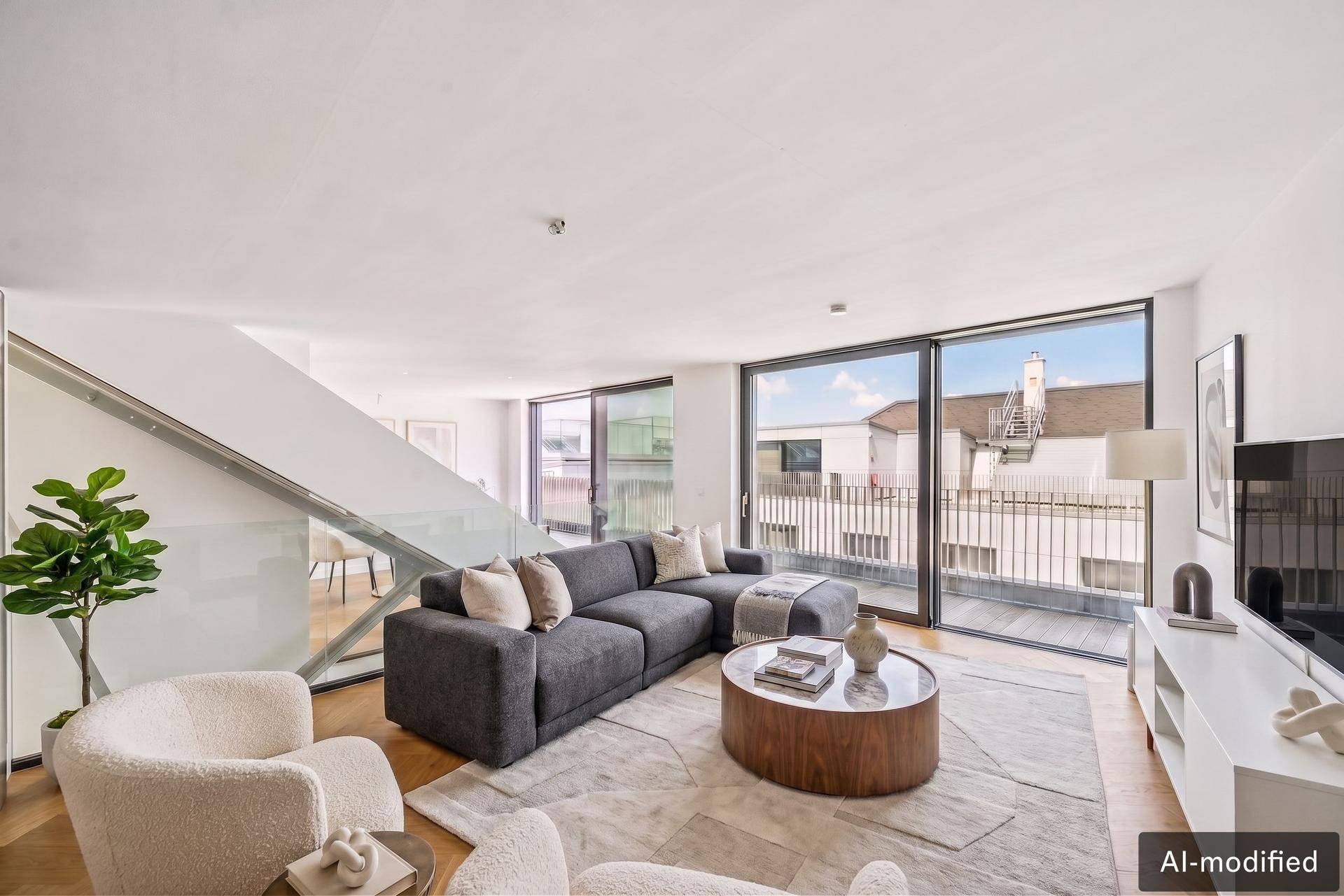 Gemütliches Wohnzimmer mit großem Sofa, Holzboden und Zugang zu einer Terrasse.